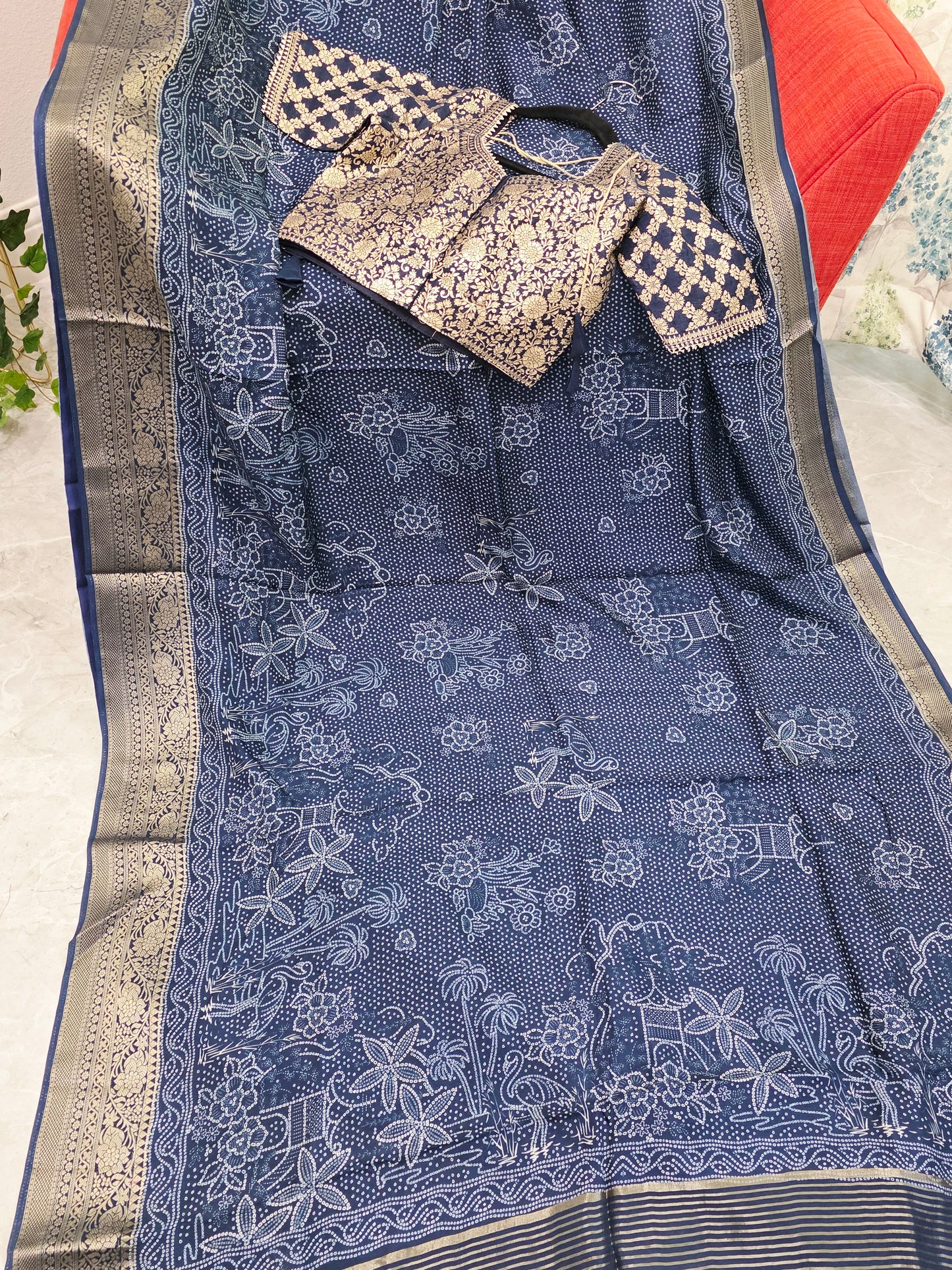 Royal Indigo Bhandini Print Mysore Crepe Silk Saree with Zari Border & Stitched Blouse