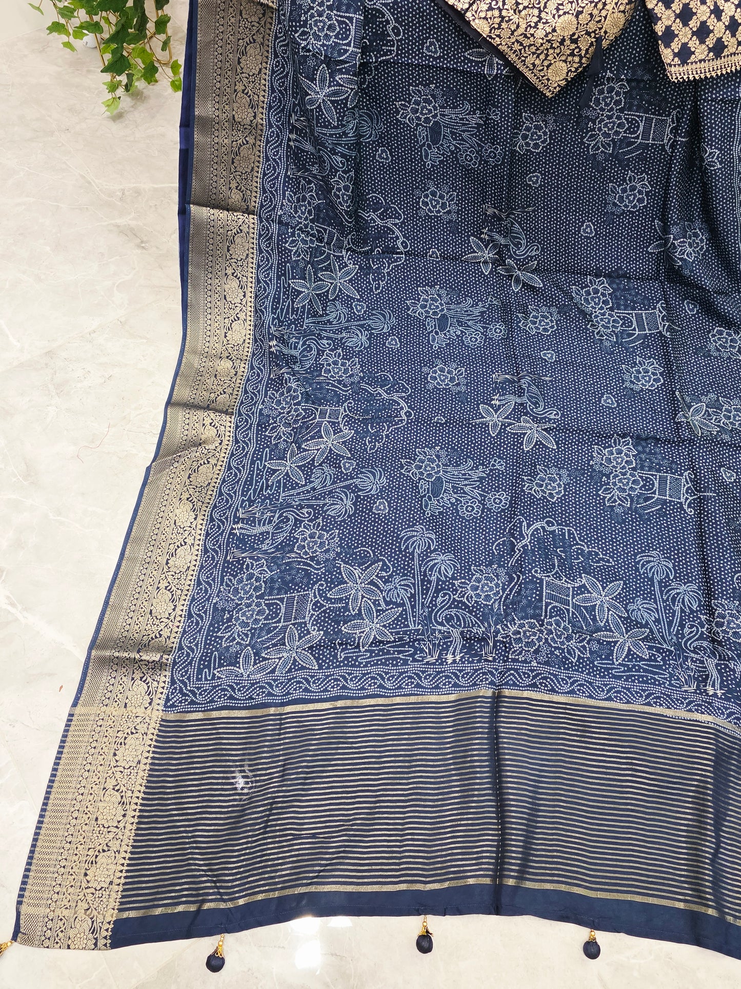 Royal Indigo Bhandini Print Mysore Crepe Silk Saree with Zari Border & Stitched Blouse