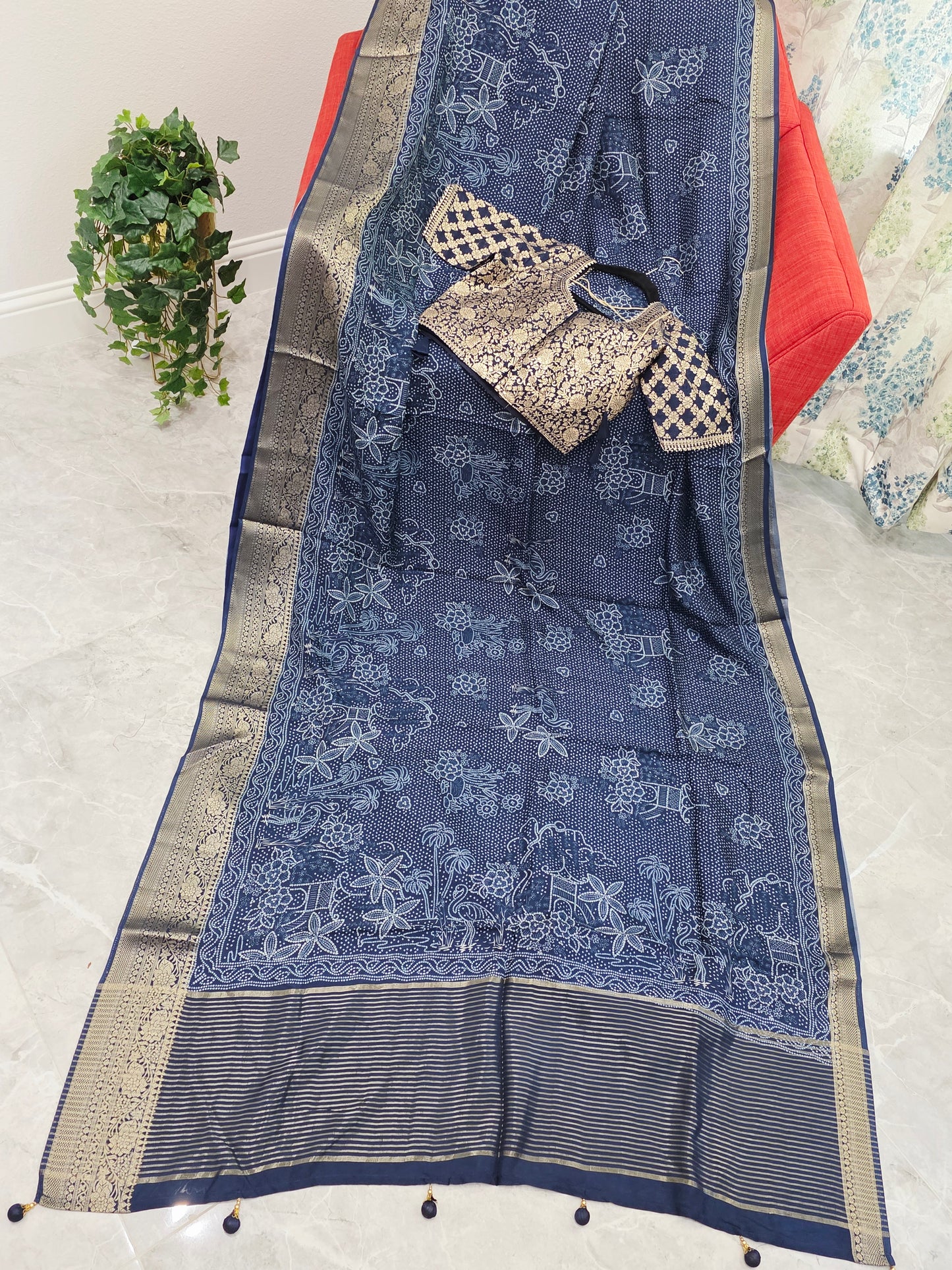Royal Indigo Bhandini Print Mysore Crepe Silk Saree with Zari Border & Stitched Blouse