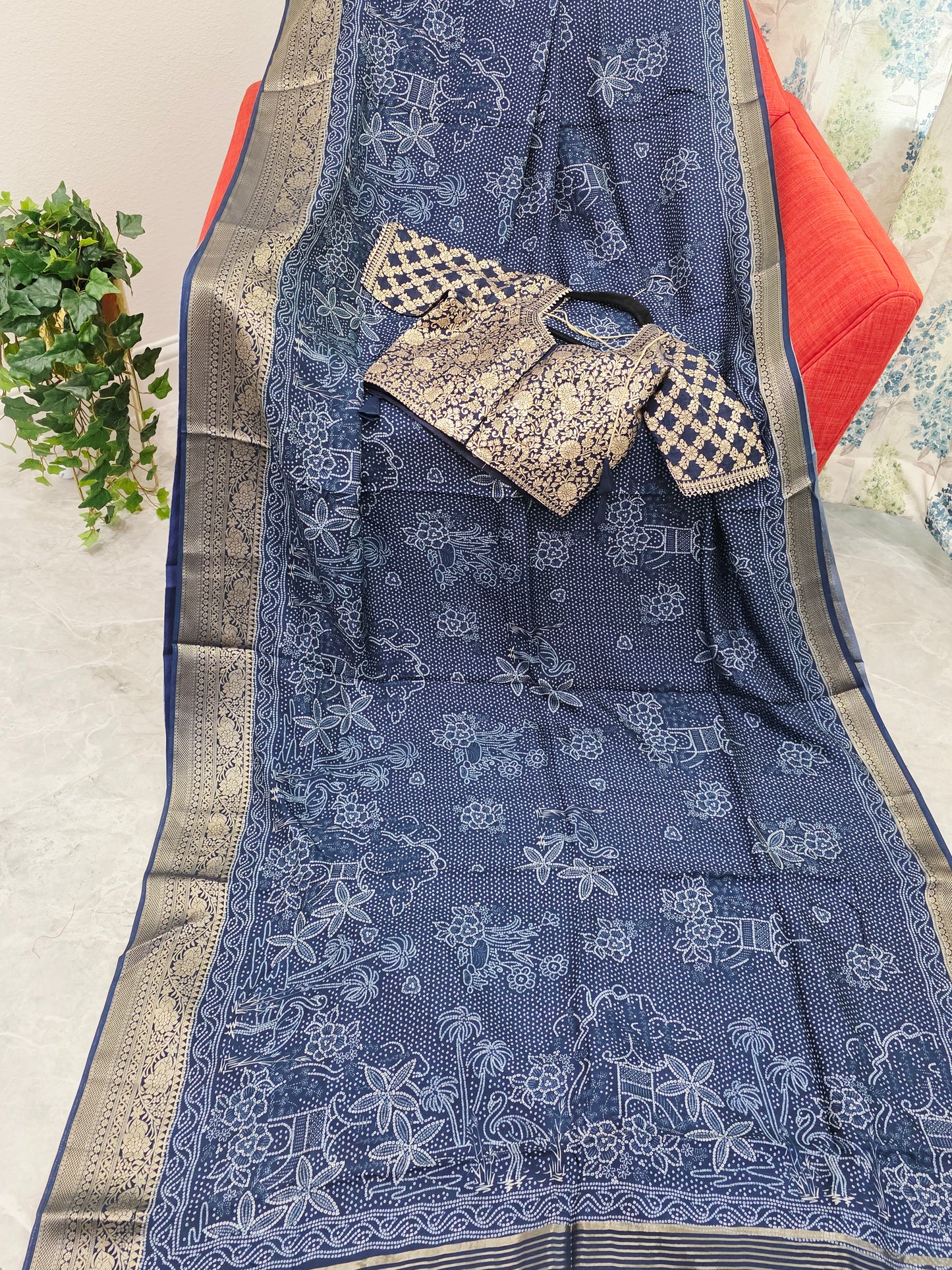 Royal Indigo Bhandini Print Mysore Crepe Silk Saree with Zari Border & Stitched Blouse