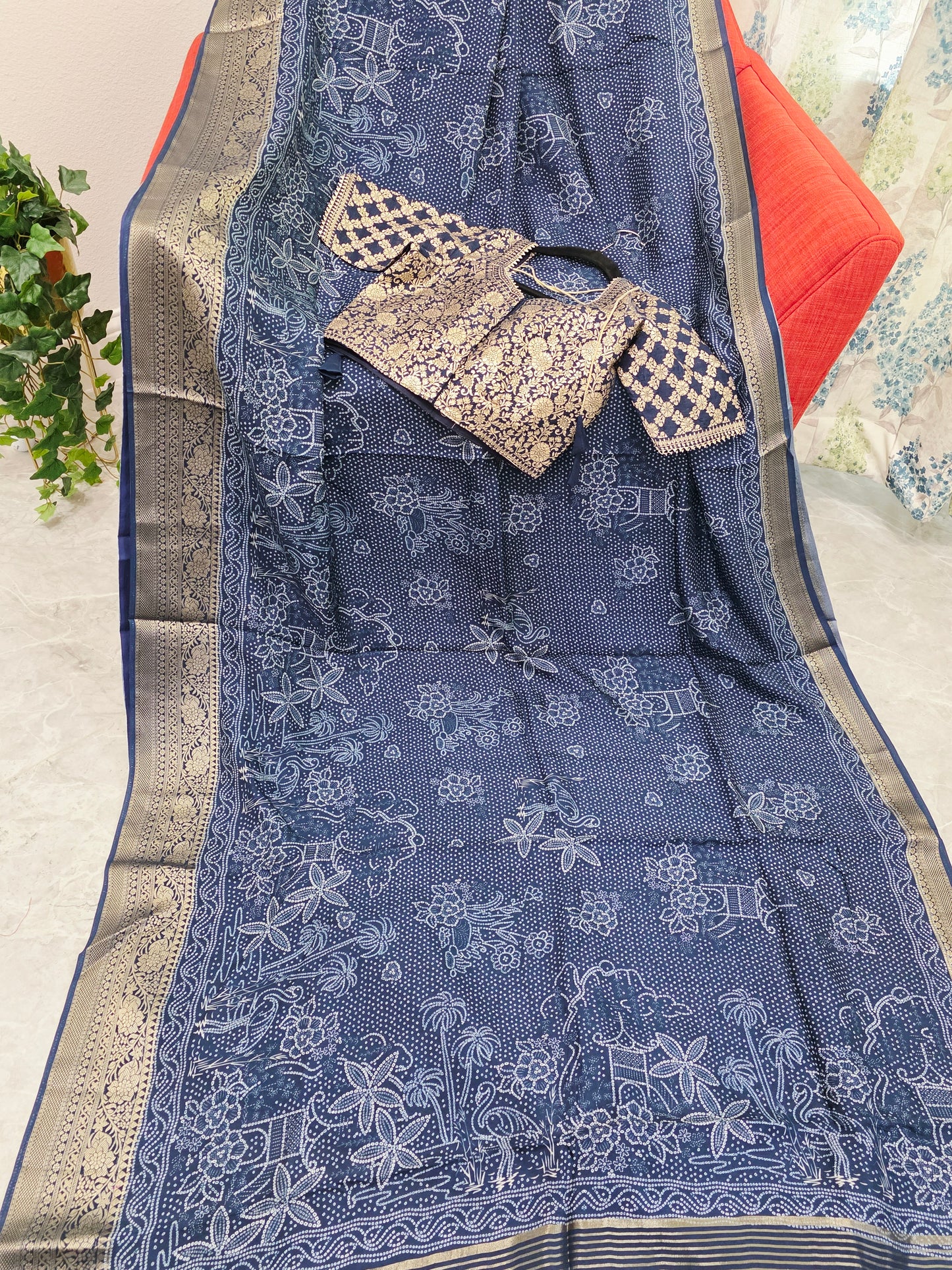 Royal Indigo Bhandini Print Mysore Crepe Silk Saree with Zari Border & Stitched Blouse