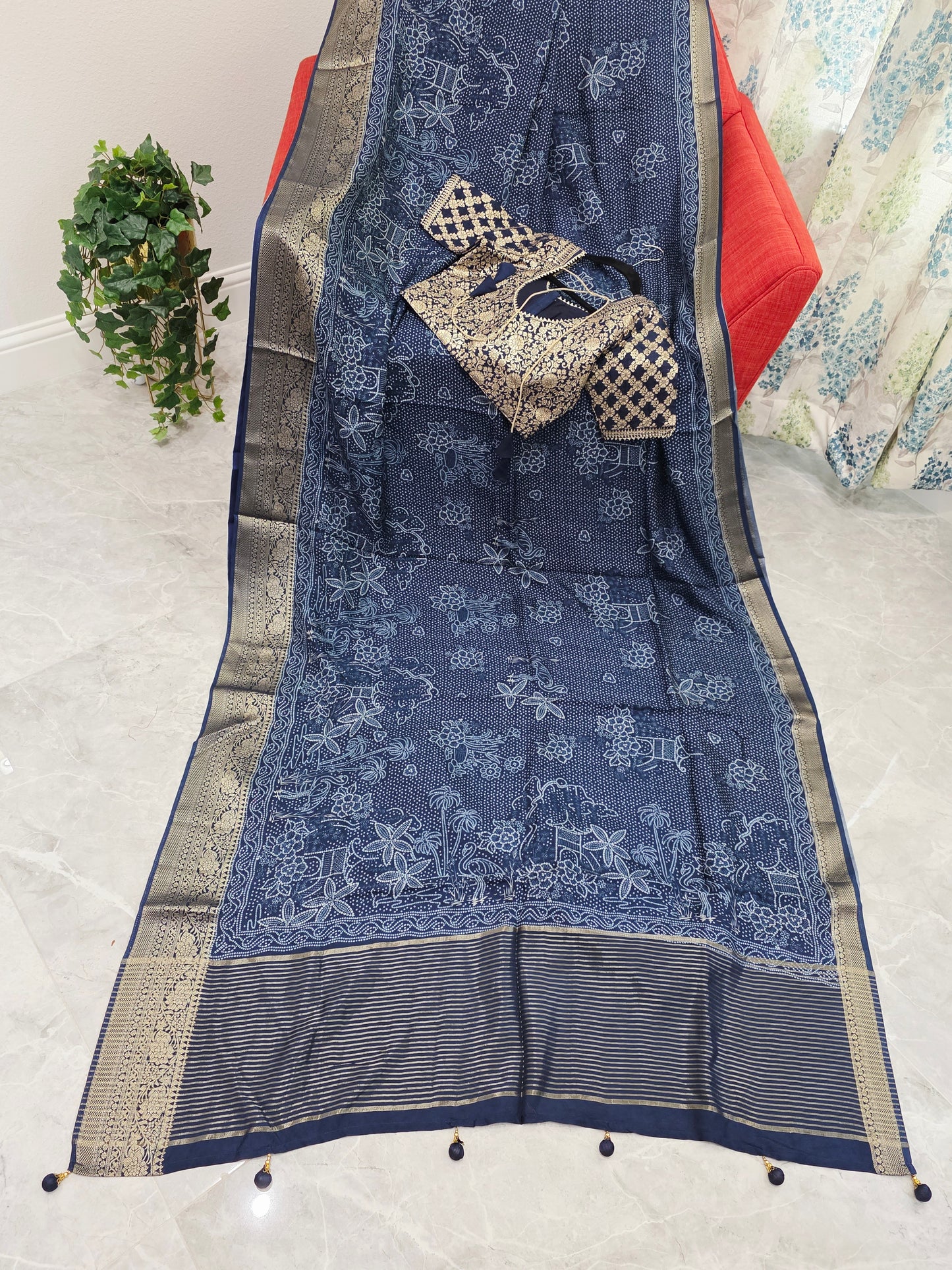Royal Indigo Bhandini Print Mysore Crepe Silk Saree with Zari Border & Stitched Blouse