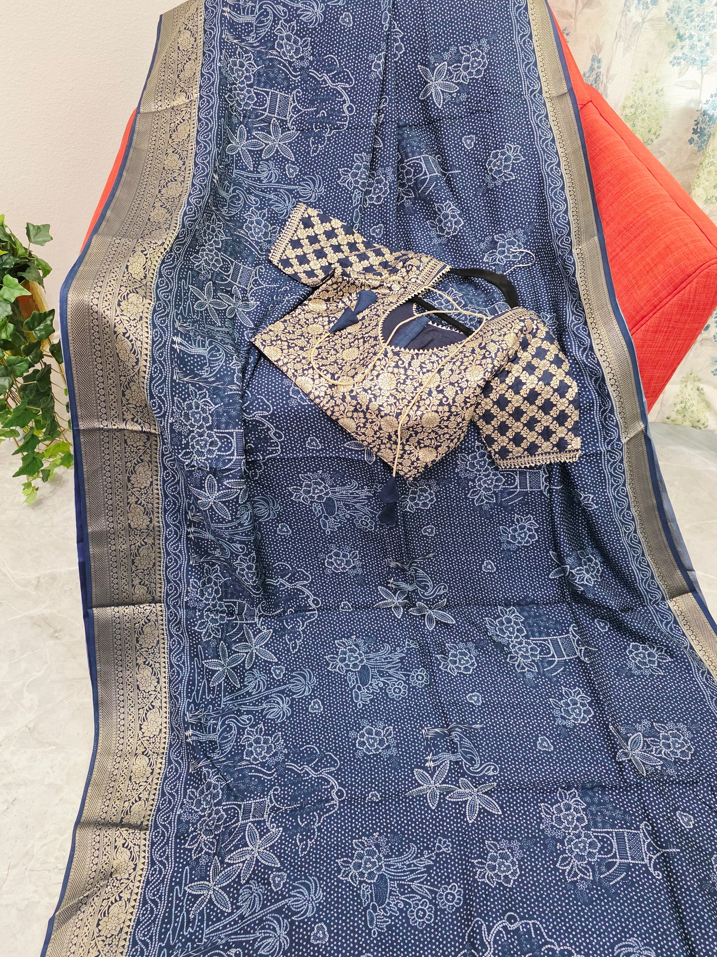 Royal Indigo Bhandini Print Mysore Crepe Silk Saree with Zari Border & Stitched Blouse