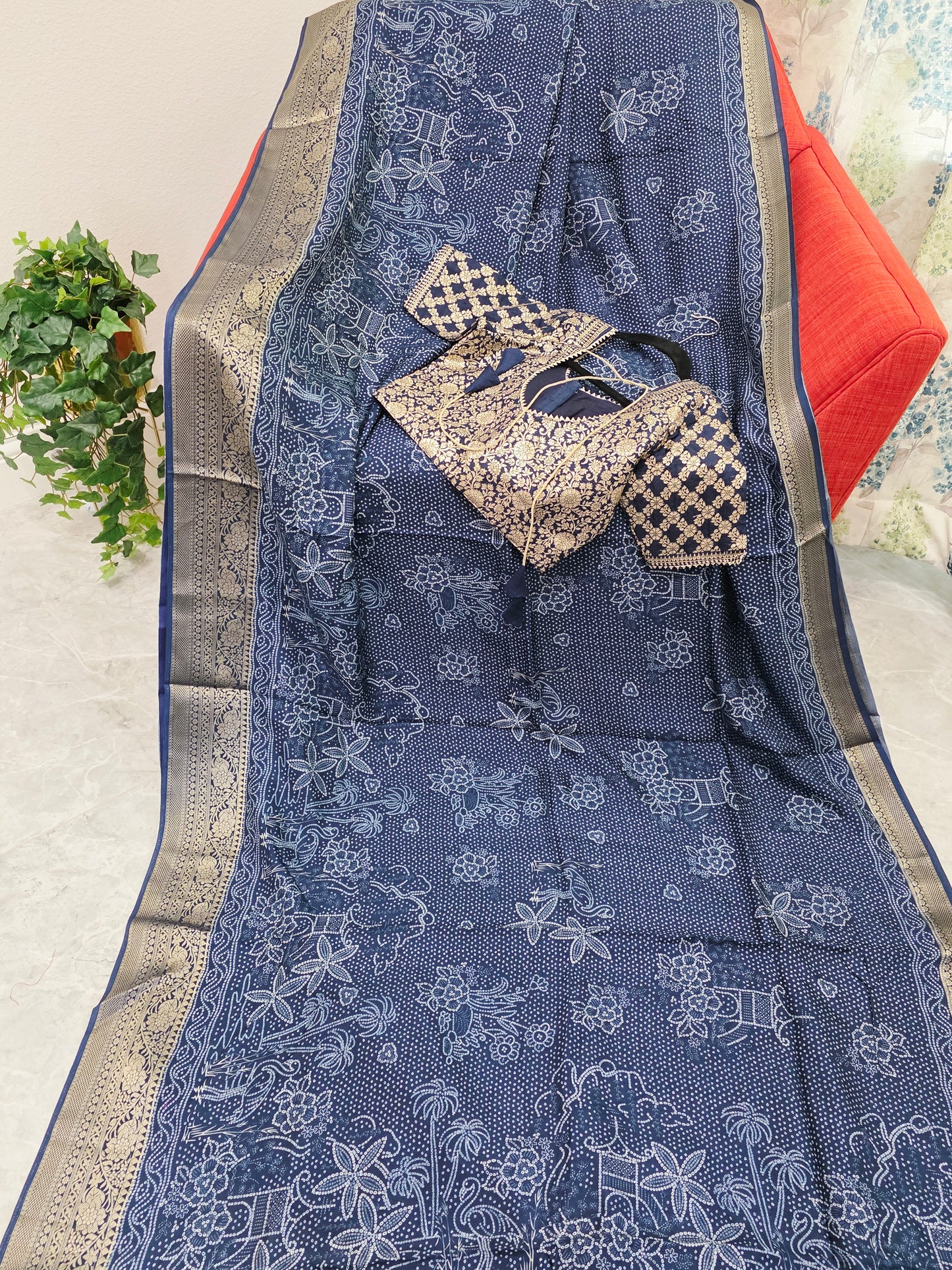 Royal Indigo Bhandini Print Mysore Crepe Silk Saree with Zari Border & Stitched Blouse