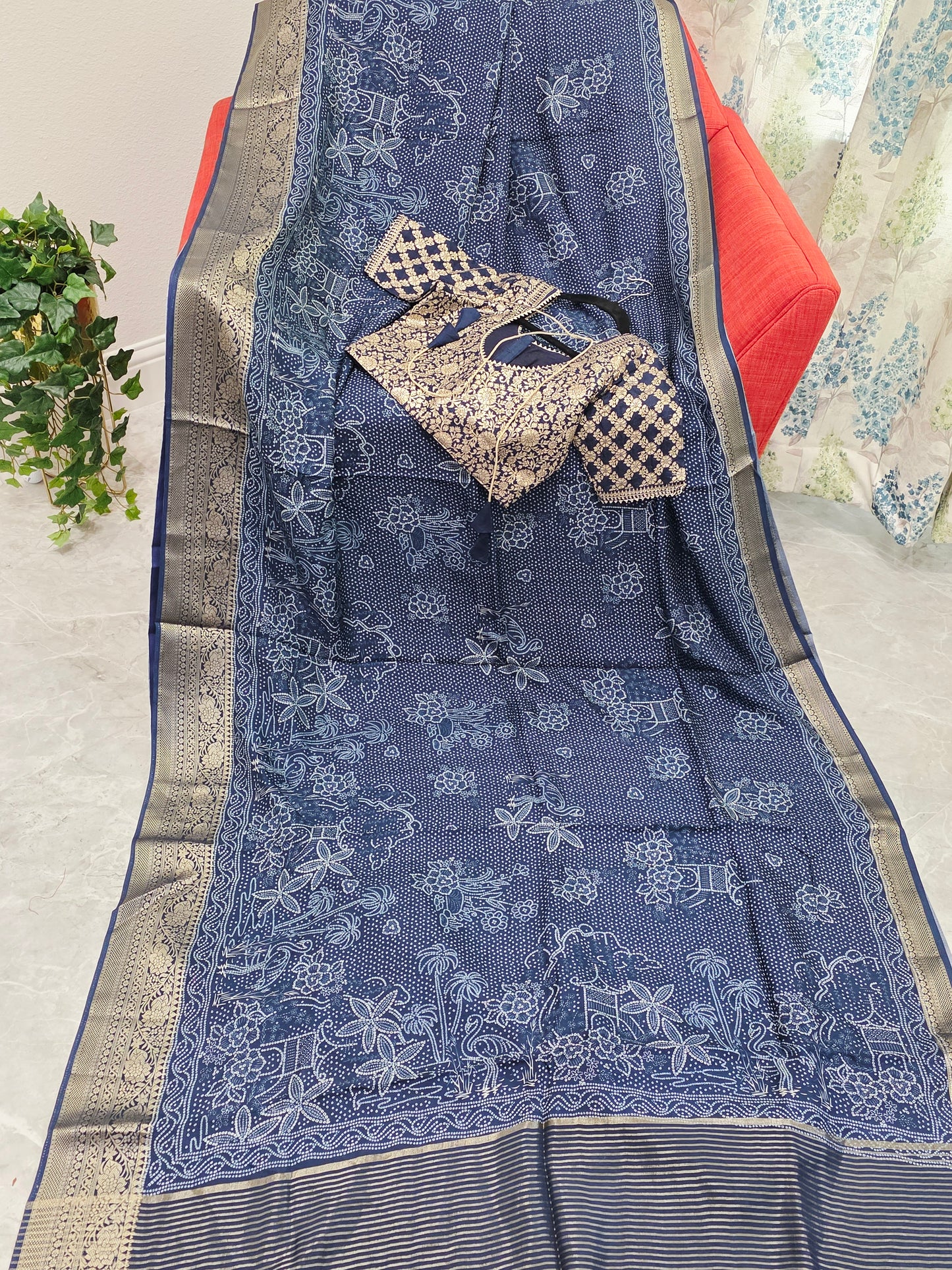 Royal Indigo Bhandini Print Mysore Crepe Silk Saree with Zari Border & Stitched Blouse