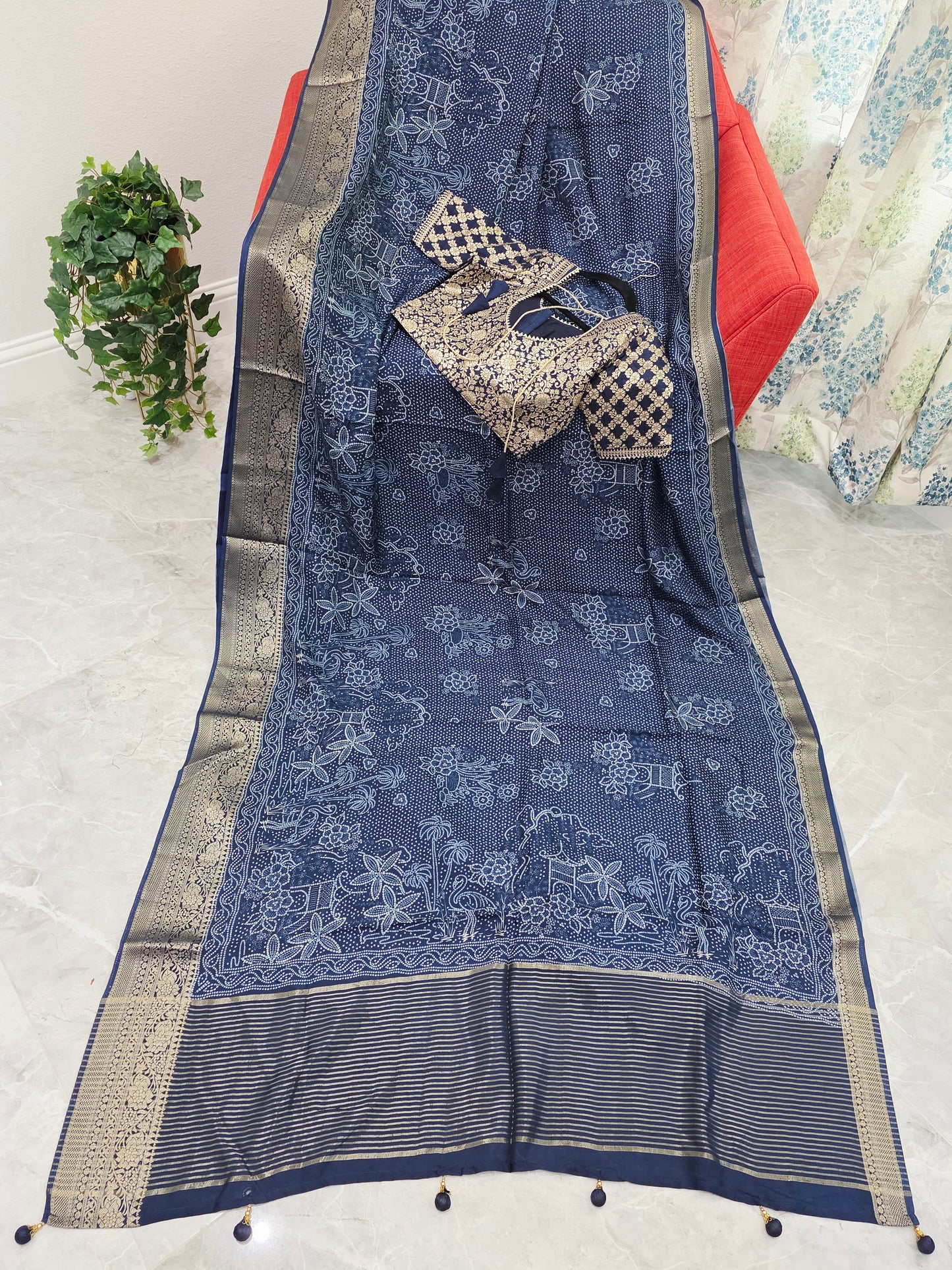 Royal Indigo Bhandini Print Mysore Crepe Silk Saree with Zari Border & Stitched Blouse