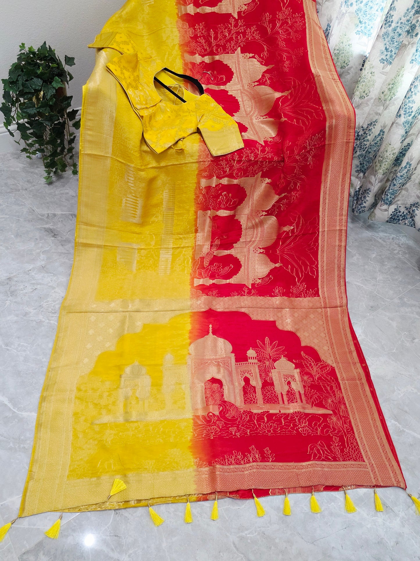 Sunrise Gold & Maharani Red Benarasi Silk Saree – Royal Taj Garden Weave with Stitched Blouse