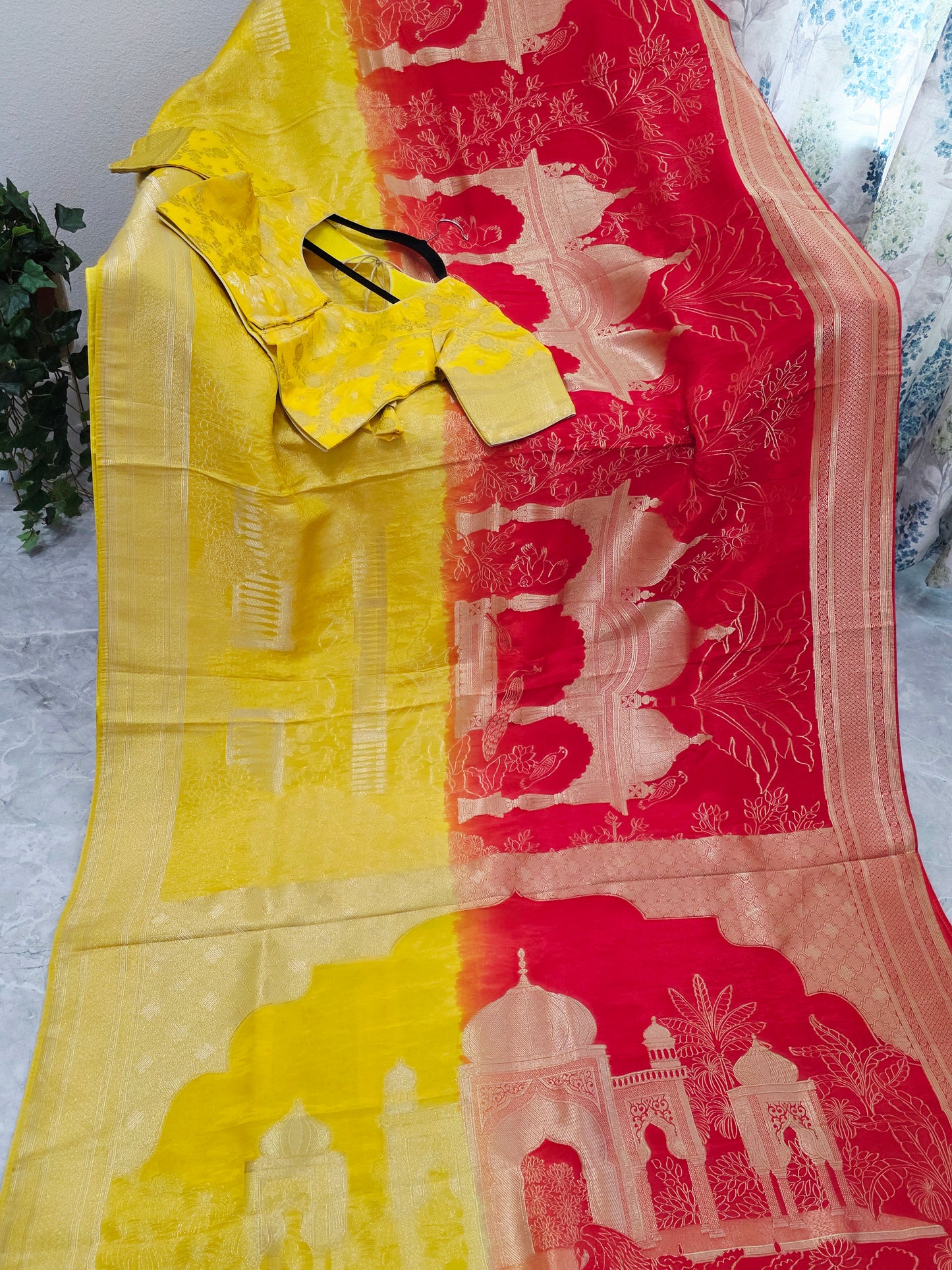 Sunrise Gold & Maharani Red Benarasi Silk Saree – Royal Taj Garden Weave with Stitched Blouse
