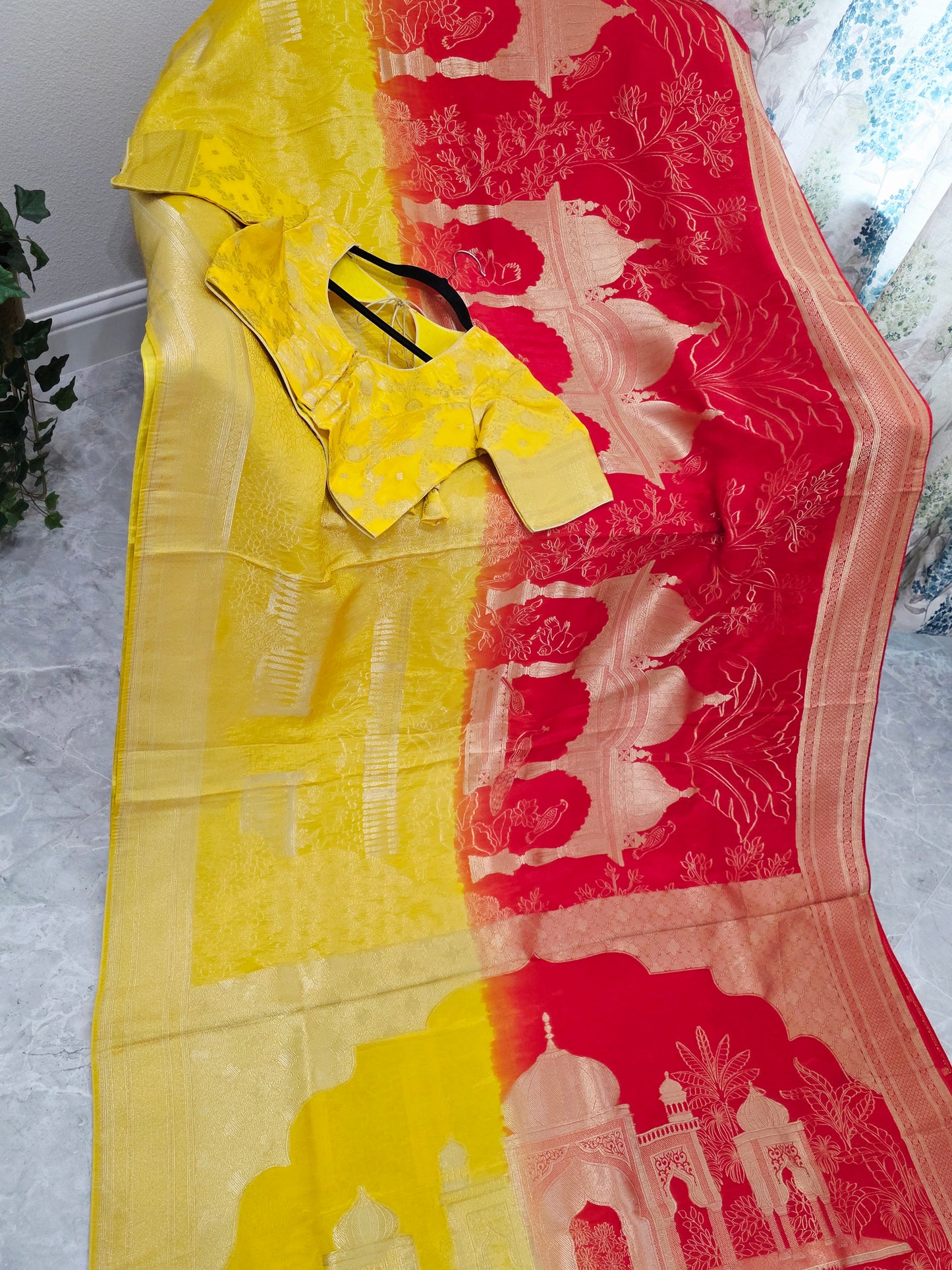 Sunrise Gold & Maharani Red Benarasi Silk Saree – Royal Taj Garden Weave with Stitched Blouse
