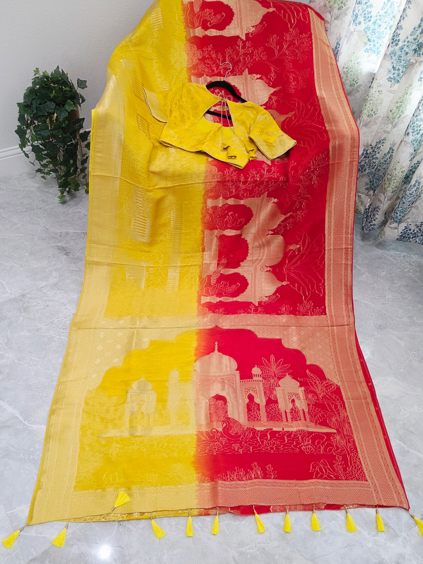 Sunrise Gold & Maharani Red Benarasi Silk Saree – Royal Taj Garden Weave with Stitched Blouse