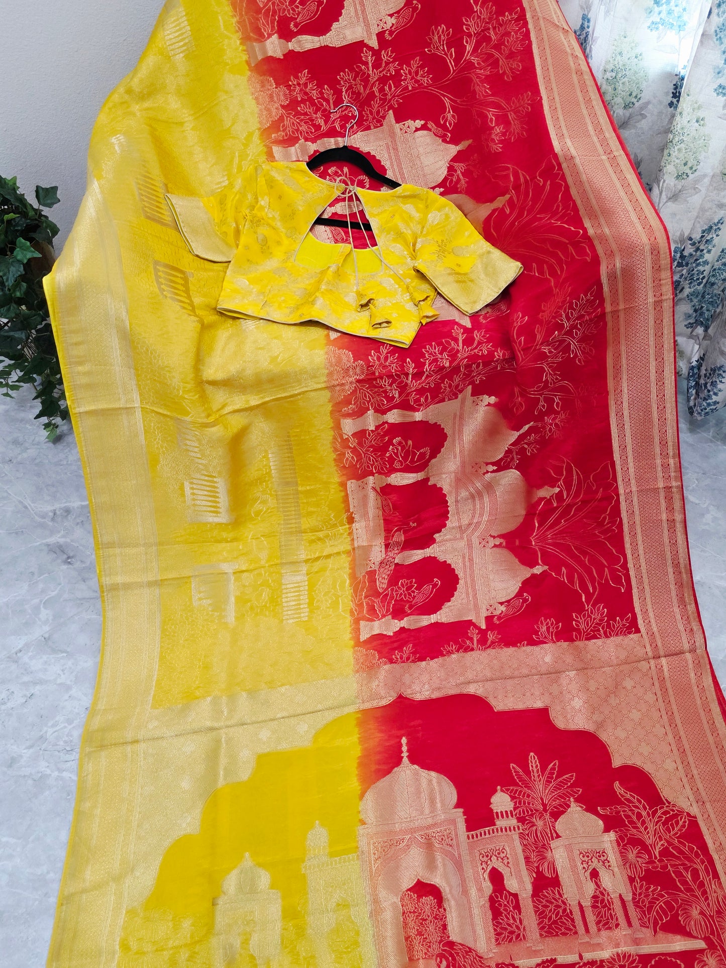 Sunrise Gold & Maharani Red Benarasi Silk Saree – Royal Taj Garden Weave with Stitched Blouse