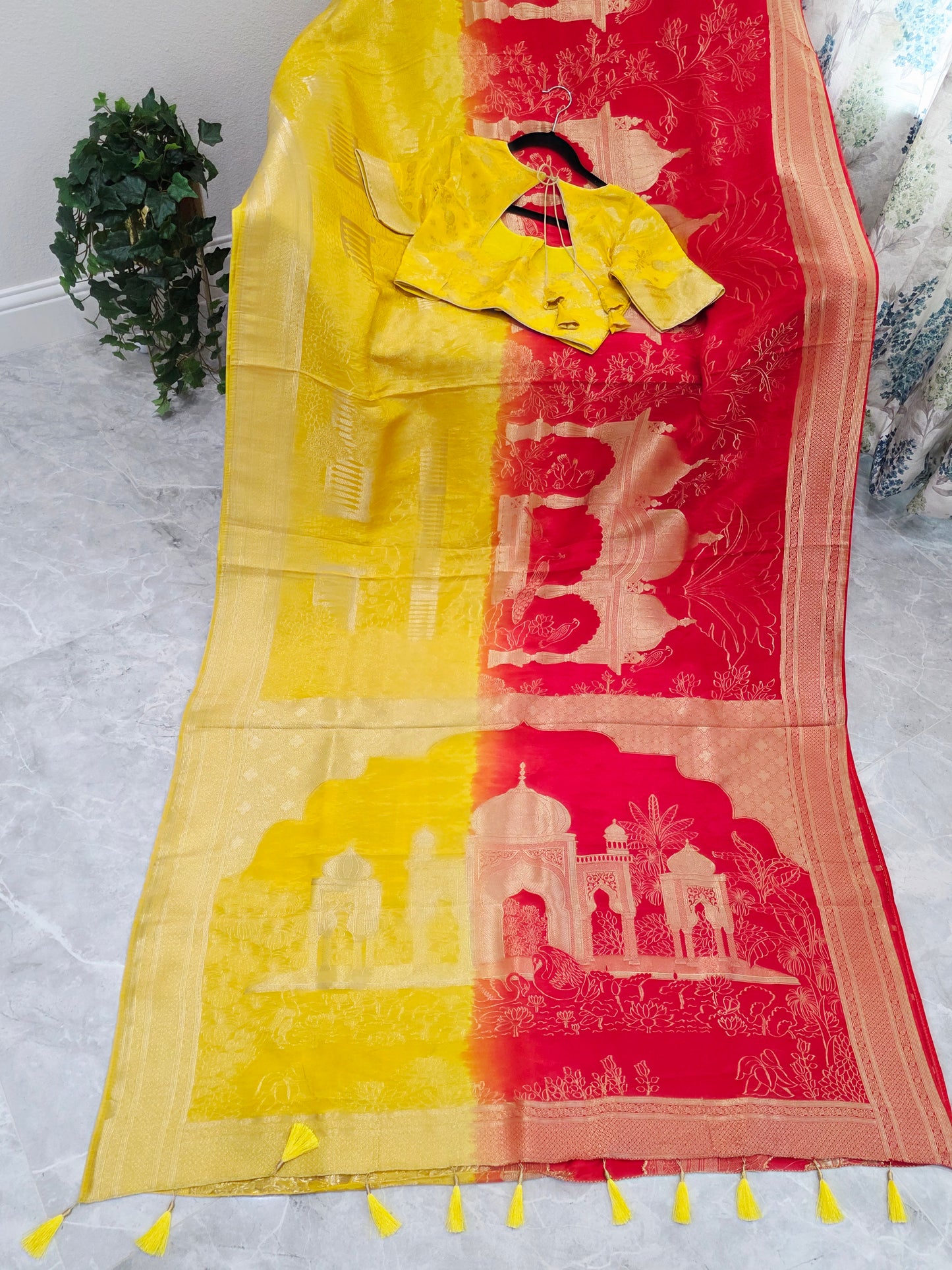 Sunrise Gold & Maharani Red Benarasi Silk Saree – Royal Taj Garden Weave with Stitched Blouse