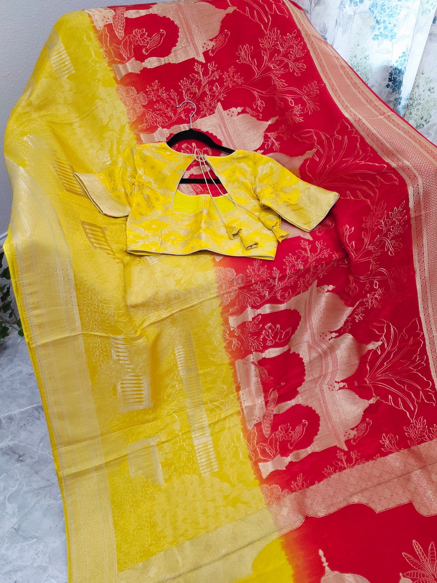 Sunrise Gold & Maharani Red Benarasi Silk Saree – Royal Taj Garden Weave with Stitched Blouse