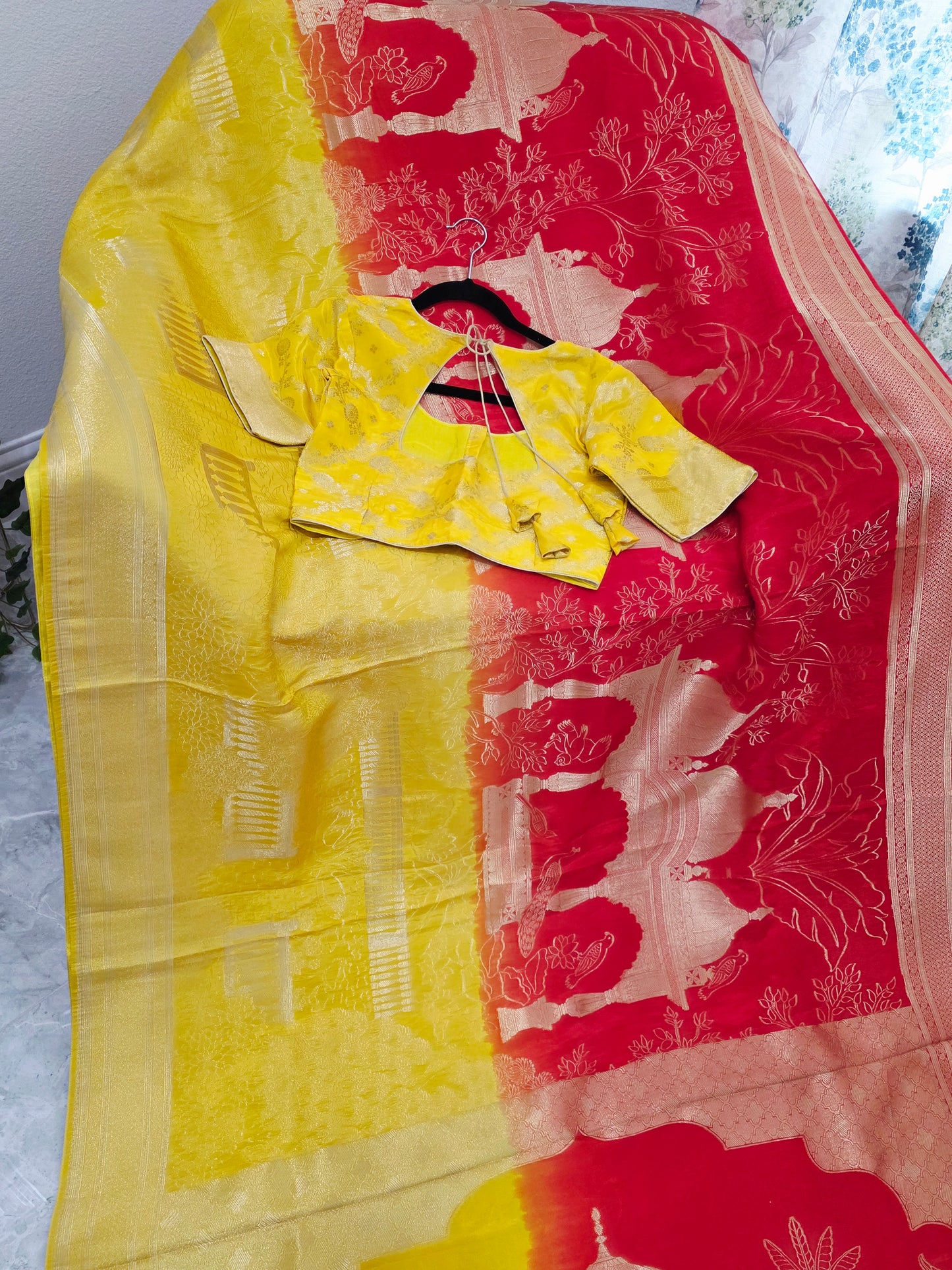 Sunrise Gold & Maharani Red Benarasi Silk Saree – Royal Taj Garden Weave with Stitched Blouse