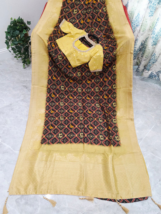 Royal Noir Patola Print Silk Saree with Antique Lime Gold Border & Stitched Blouse