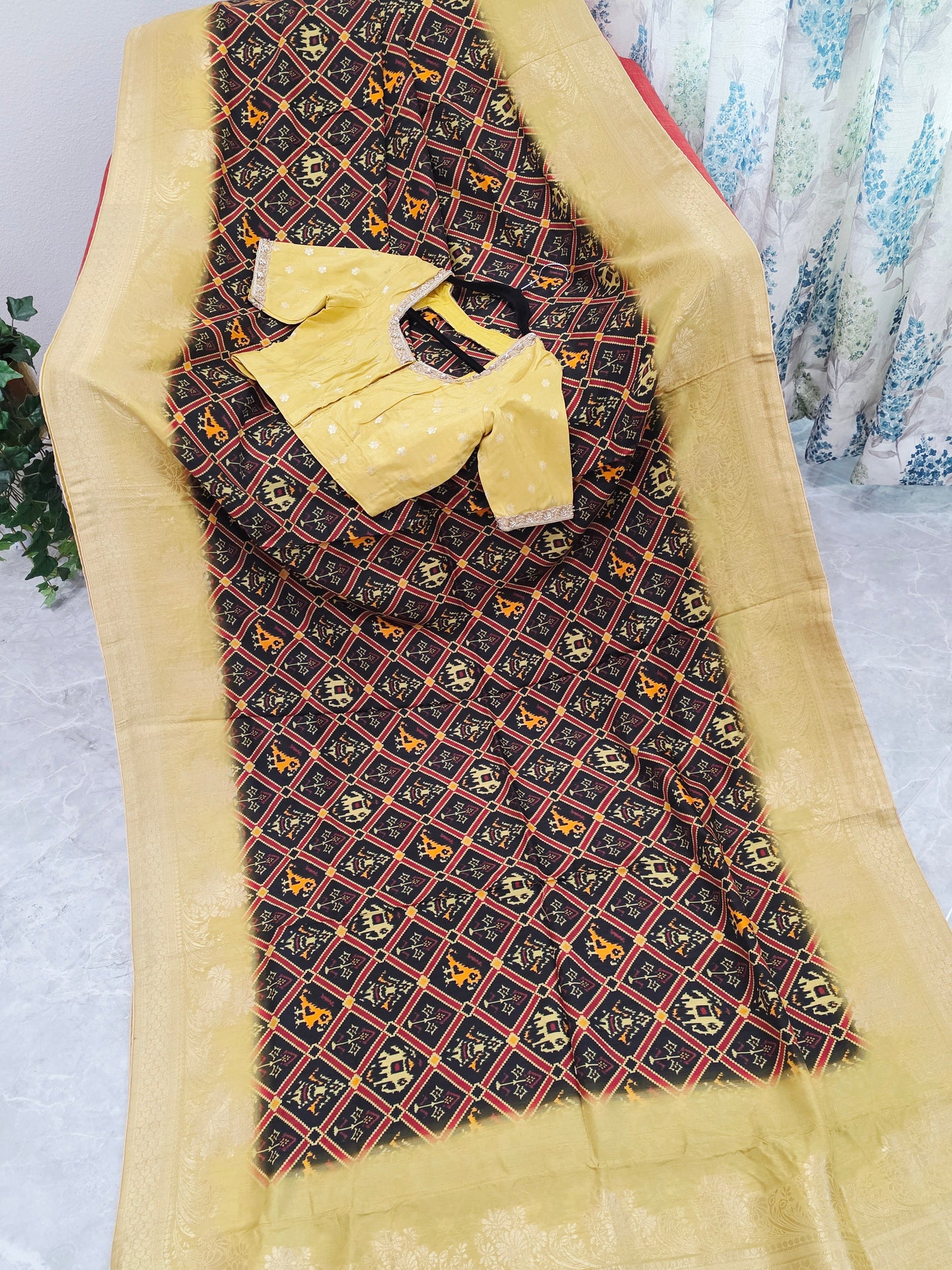 Royal Noir Patola Print Silk Saree with Antique Lime Gold Border & Stitched Blouse