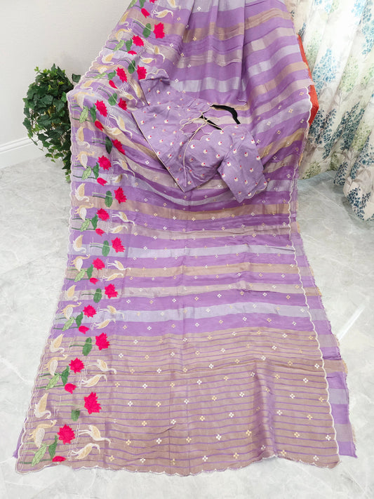 Royal Lavender Orchid Tissue Silk Saree with Floral Border & Stitched Blouse