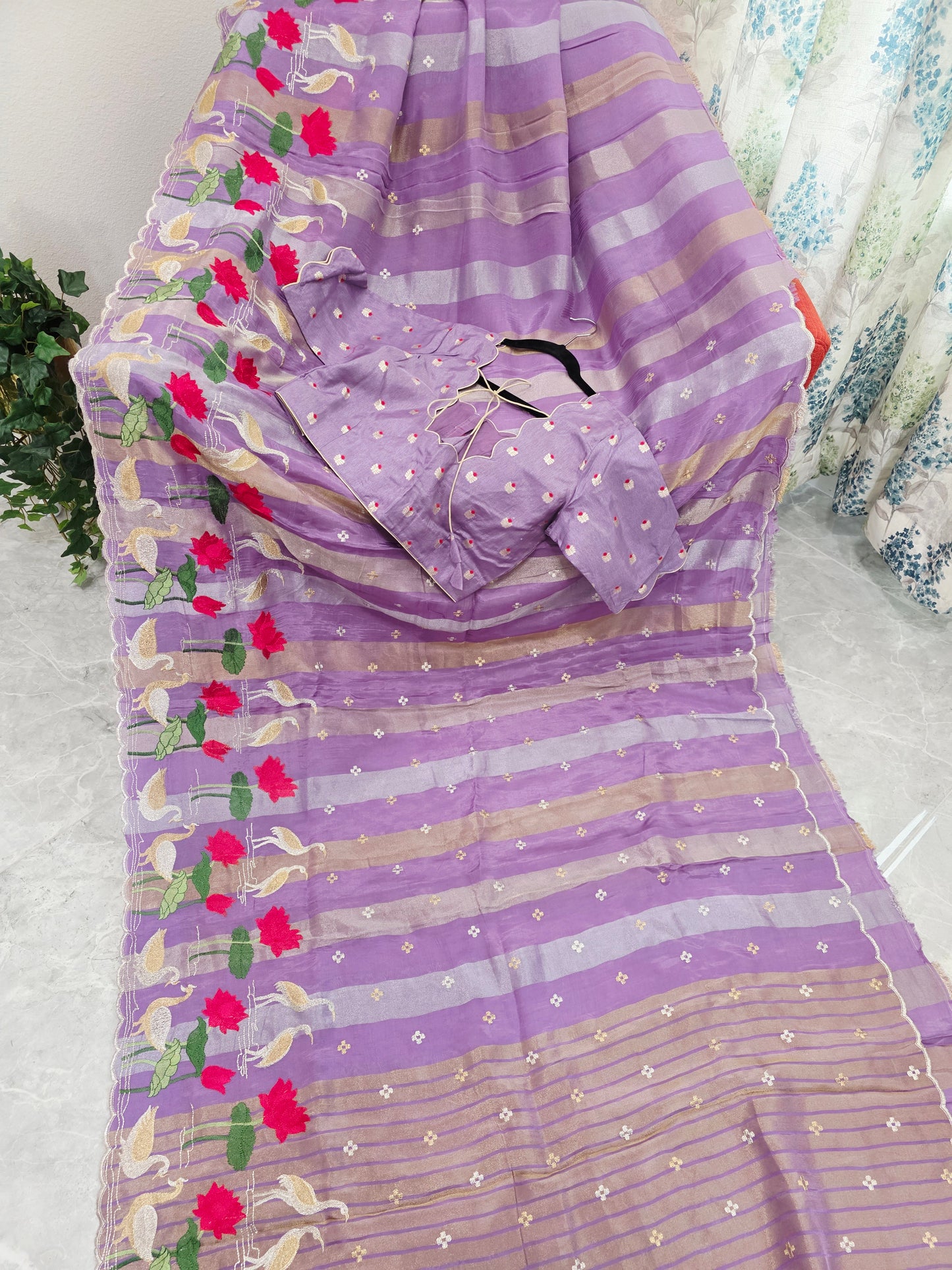 Royal Lavender Orchid Tissue Silk Saree with Floral Border & Stitched Blouse