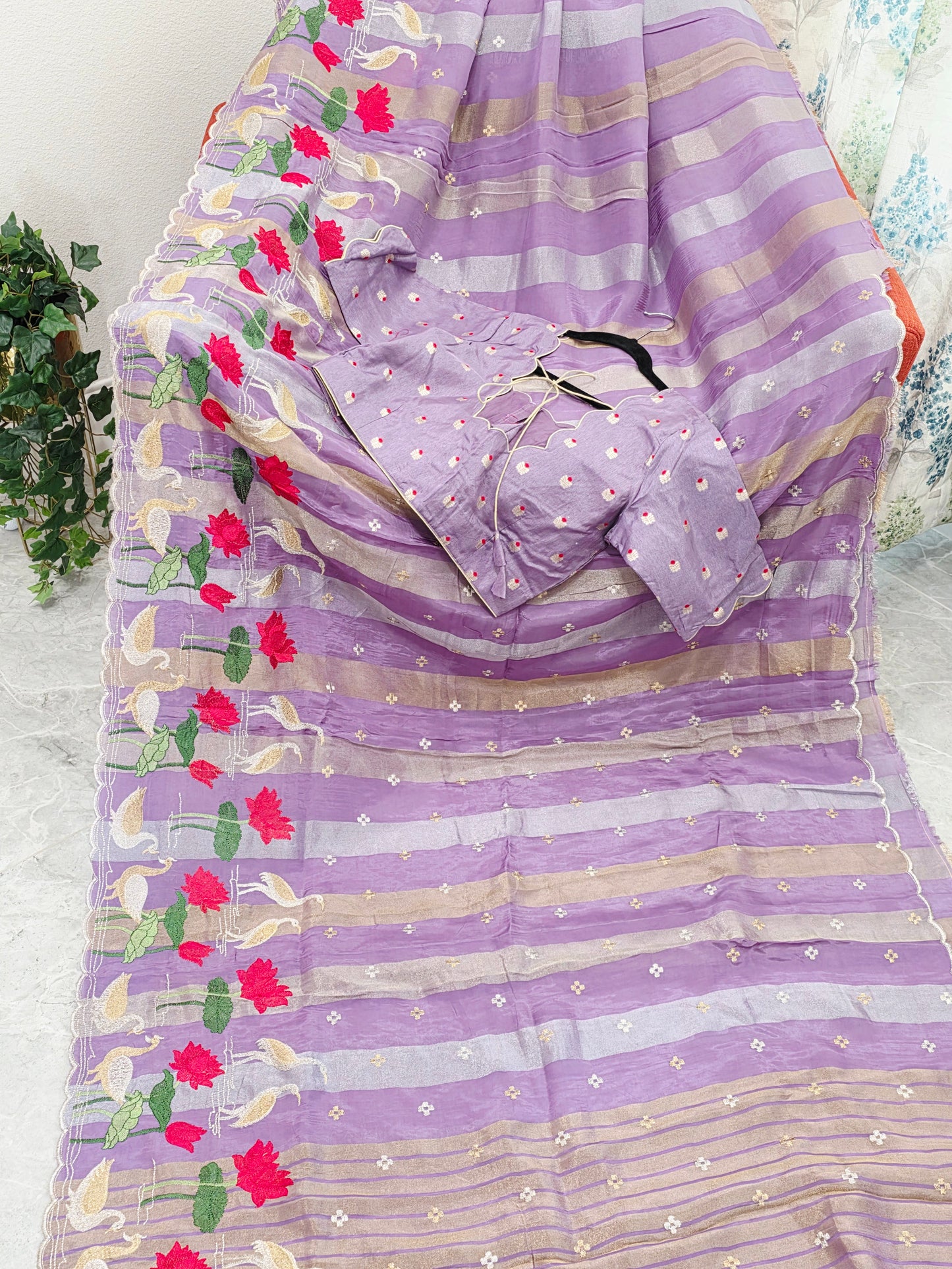 Royal Lavender Orchid Tissue Silk Saree with Floral Border & Stitched Blouse
