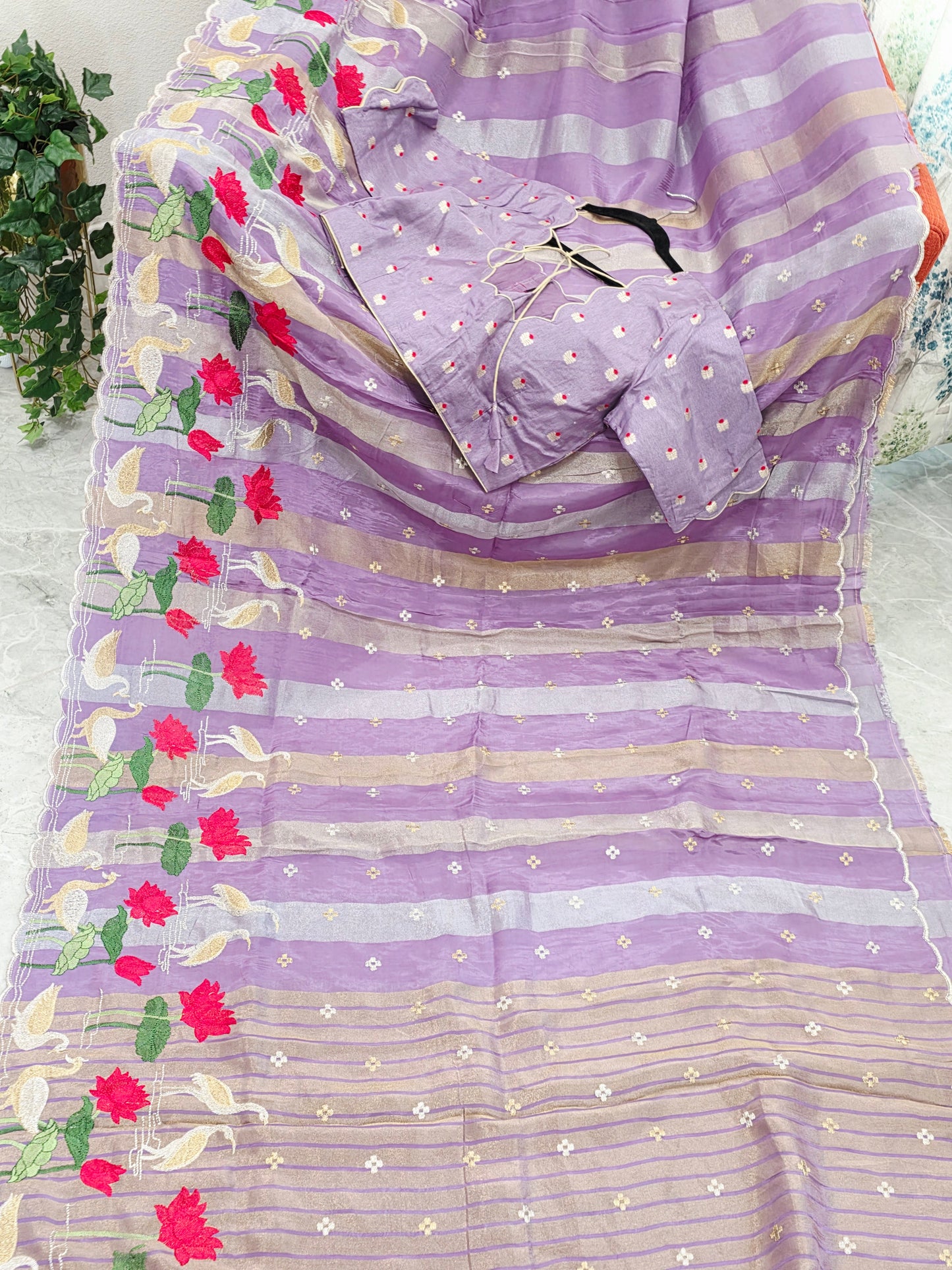 Royal Lavender Orchid Tissue Silk Saree with Floral Border & Stitched Blouse