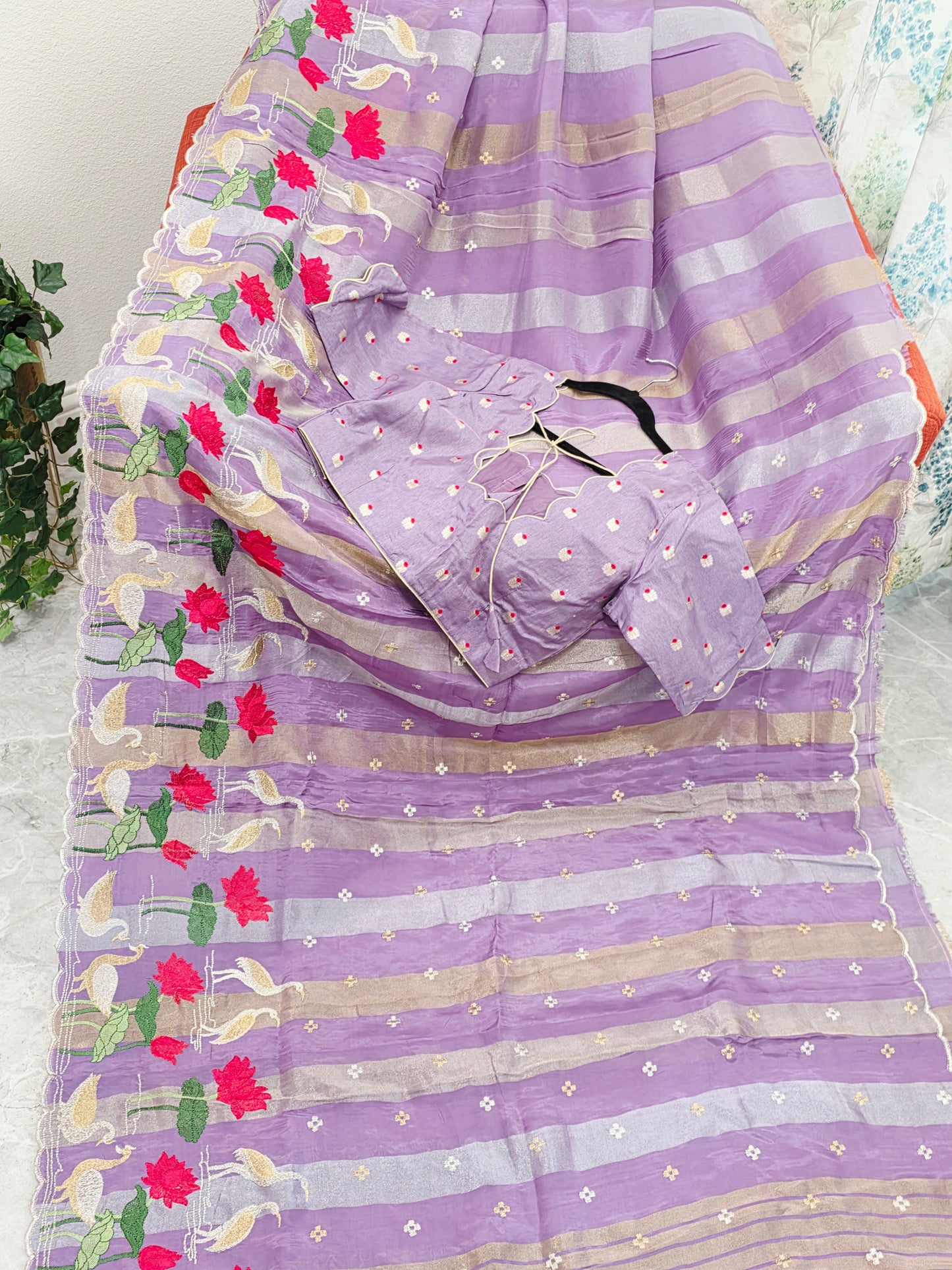 Royal Lavender Orchid Tissue Silk Saree with Floral Border & Stitched Blouse