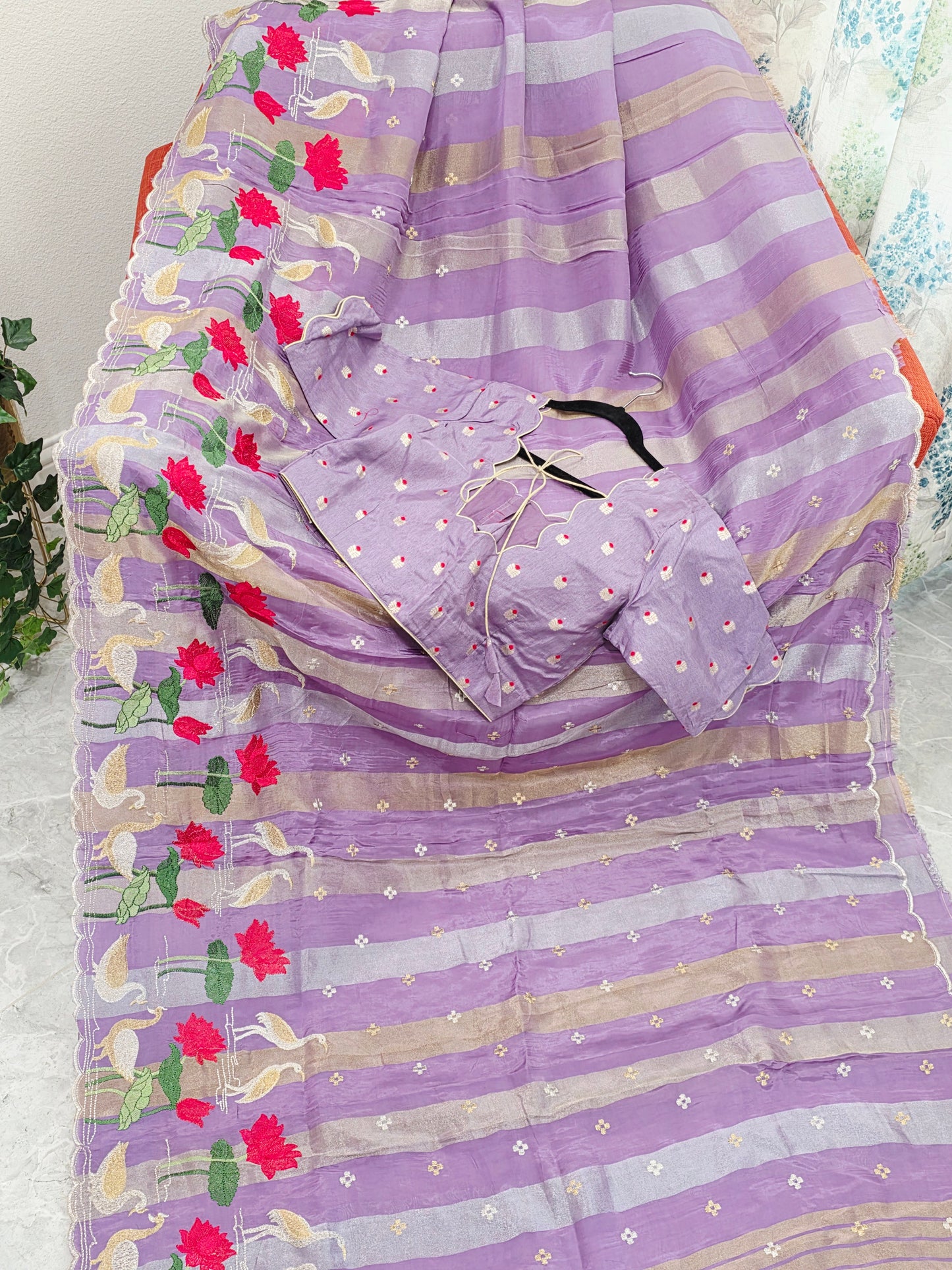Royal Lavender Orchid Tissue Silk Saree with Floral Border & Stitched Blouse