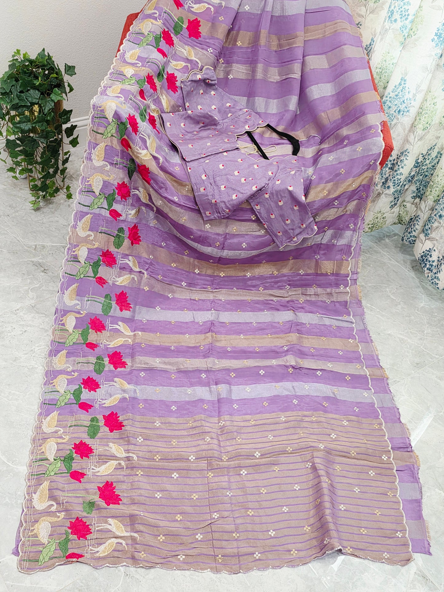 Royal Lavender Orchid Tissue Silk Saree with Floral Border & Stitched Blouse