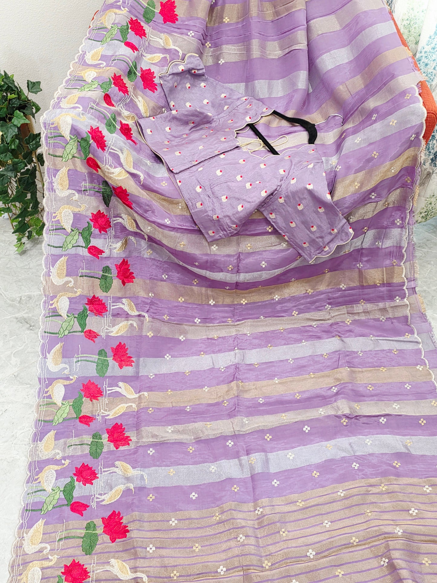 Royal Lavender Orchid Tissue Silk Saree with Floral Border & Stitched Blouse
