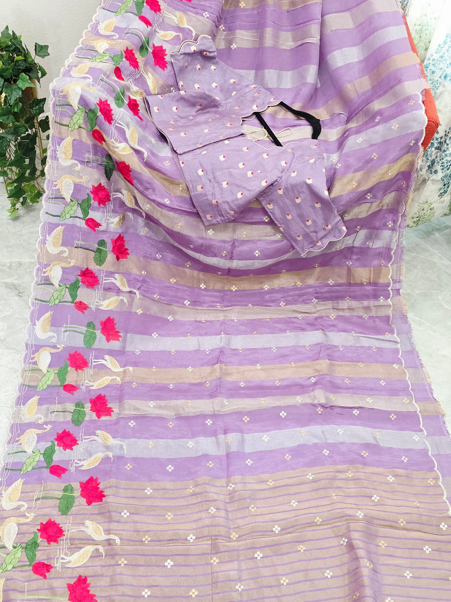 Royal Lavender Orchid Tissue Silk Saree with Floral Border & Stitched Blouse