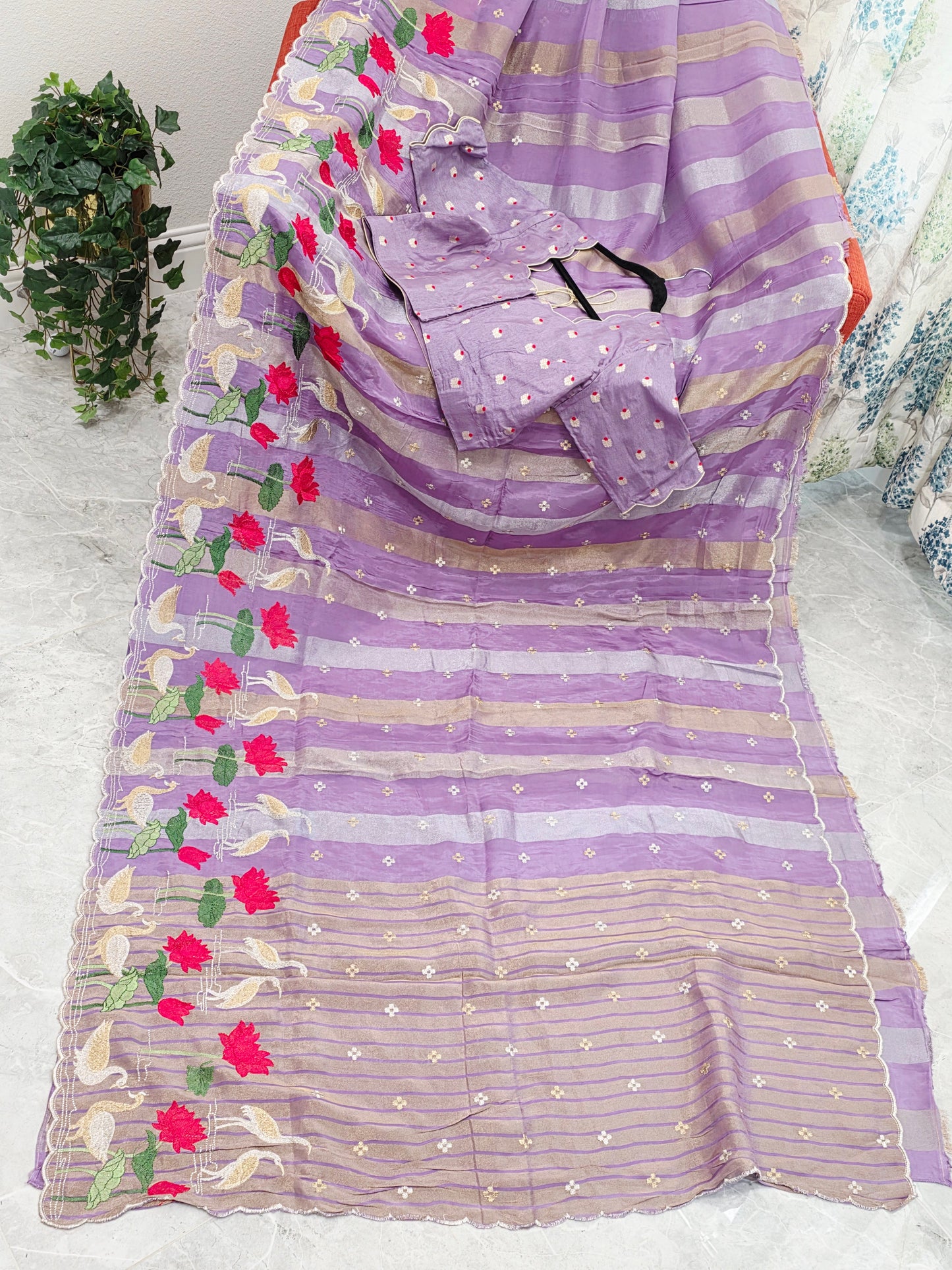 Royal Lavender Orchid Tissue Silk Saree with Floral Border & Stitched Blouse