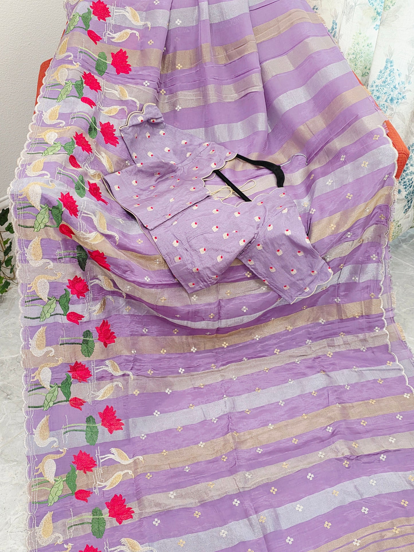 Royal Lavender Orchid Tissue Silk Saree with Floral Border & Stitched Blouse