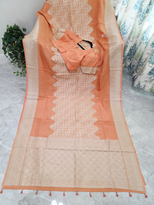Royal Apricot Gold Geometric Tissue Silk Saree with Stitched Blouse