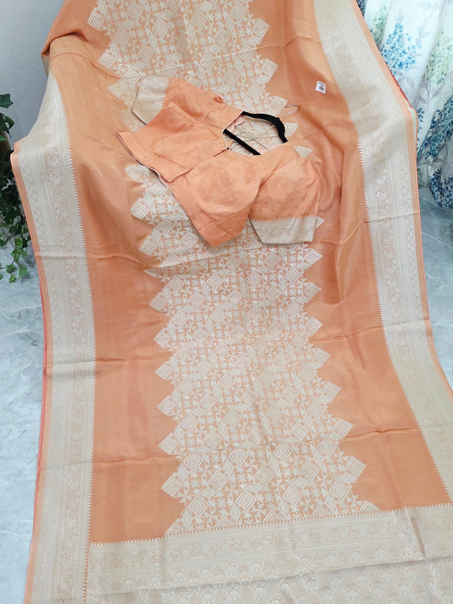 Royal Apricot Gold Geometric Tissue Silk Saree with Stitched Blouse
