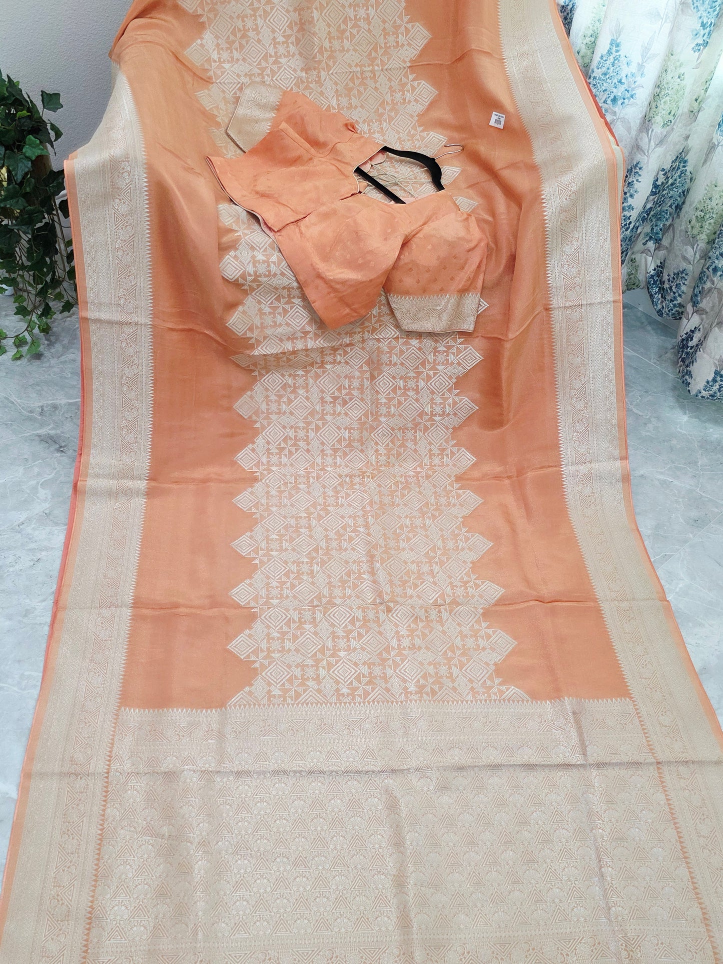 Royal Apricot Gold Geometric Tissue Silk Saree with Stitched Blouse