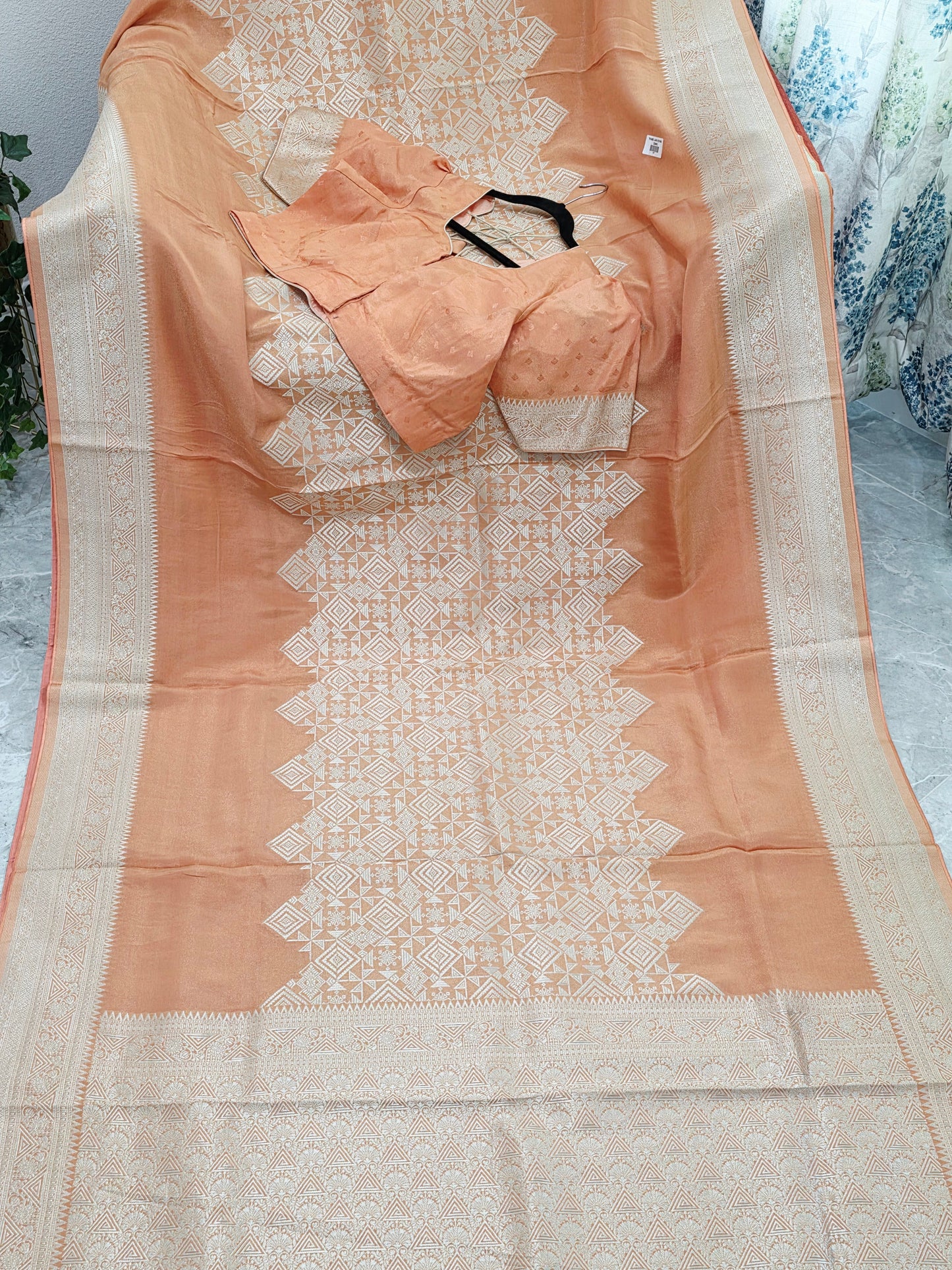 Royal Apricot Gold Geometric Tissue Silk Saree with Stitched Blouse