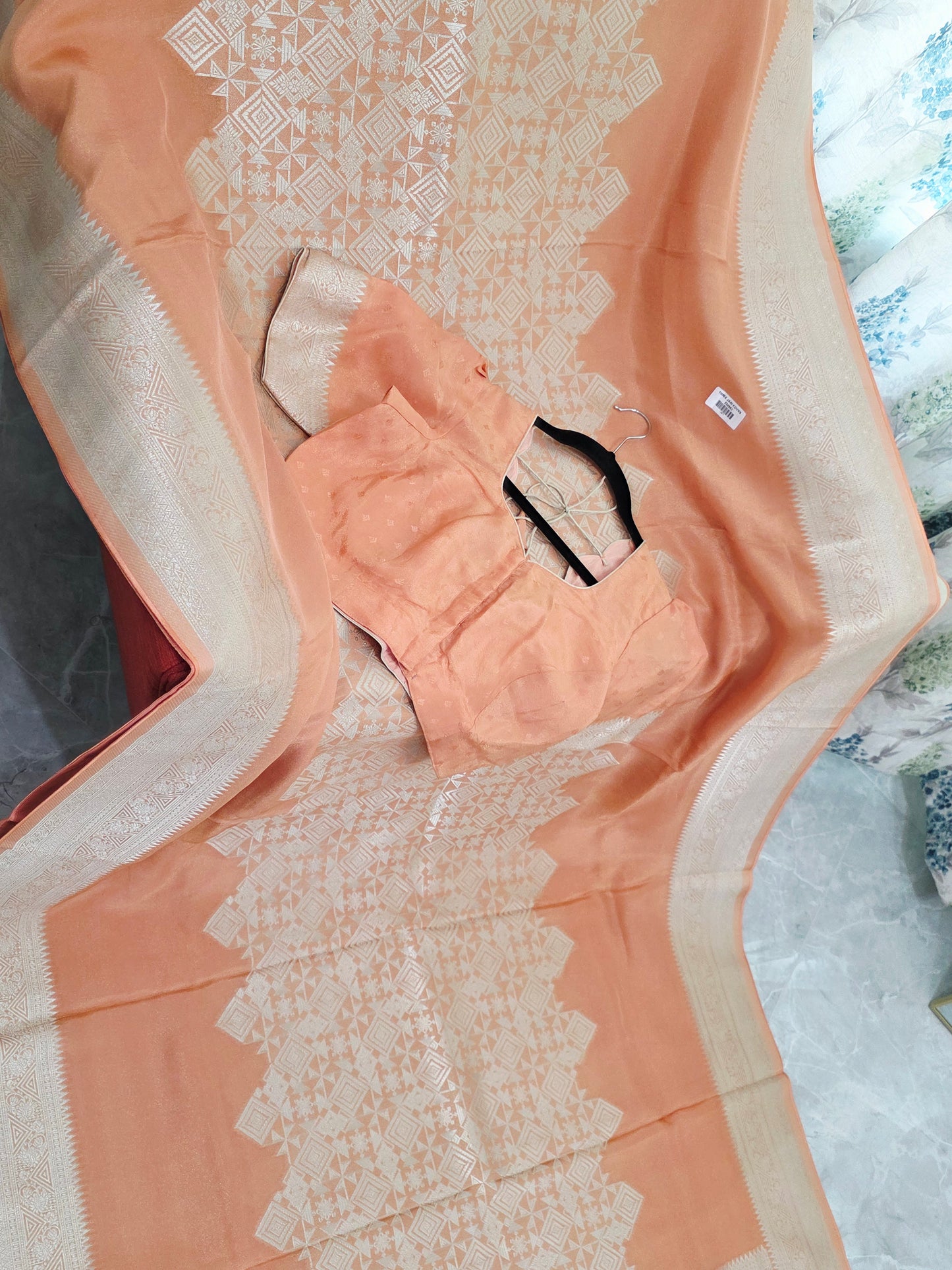 Royal Apricot Gold Geometric Tissue Silk Saree with Stitched Blouse