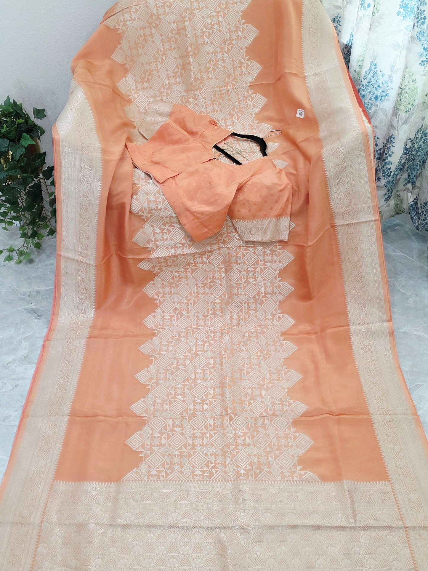 Royal Apricot Gold Geometric Tissue Silk Saree with Stitched Blouse