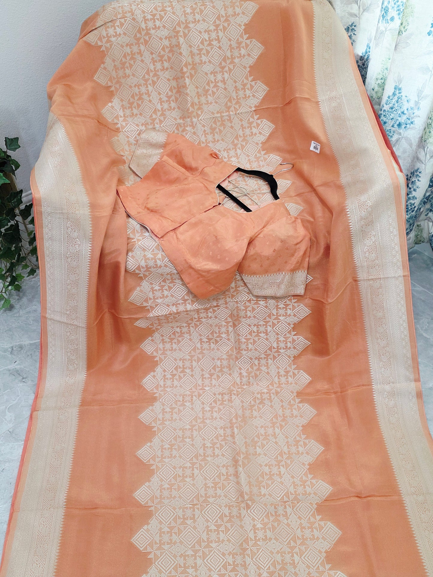 Royal Apricot Gold Geometric Tissue Silk Saree with Stitched Blouse