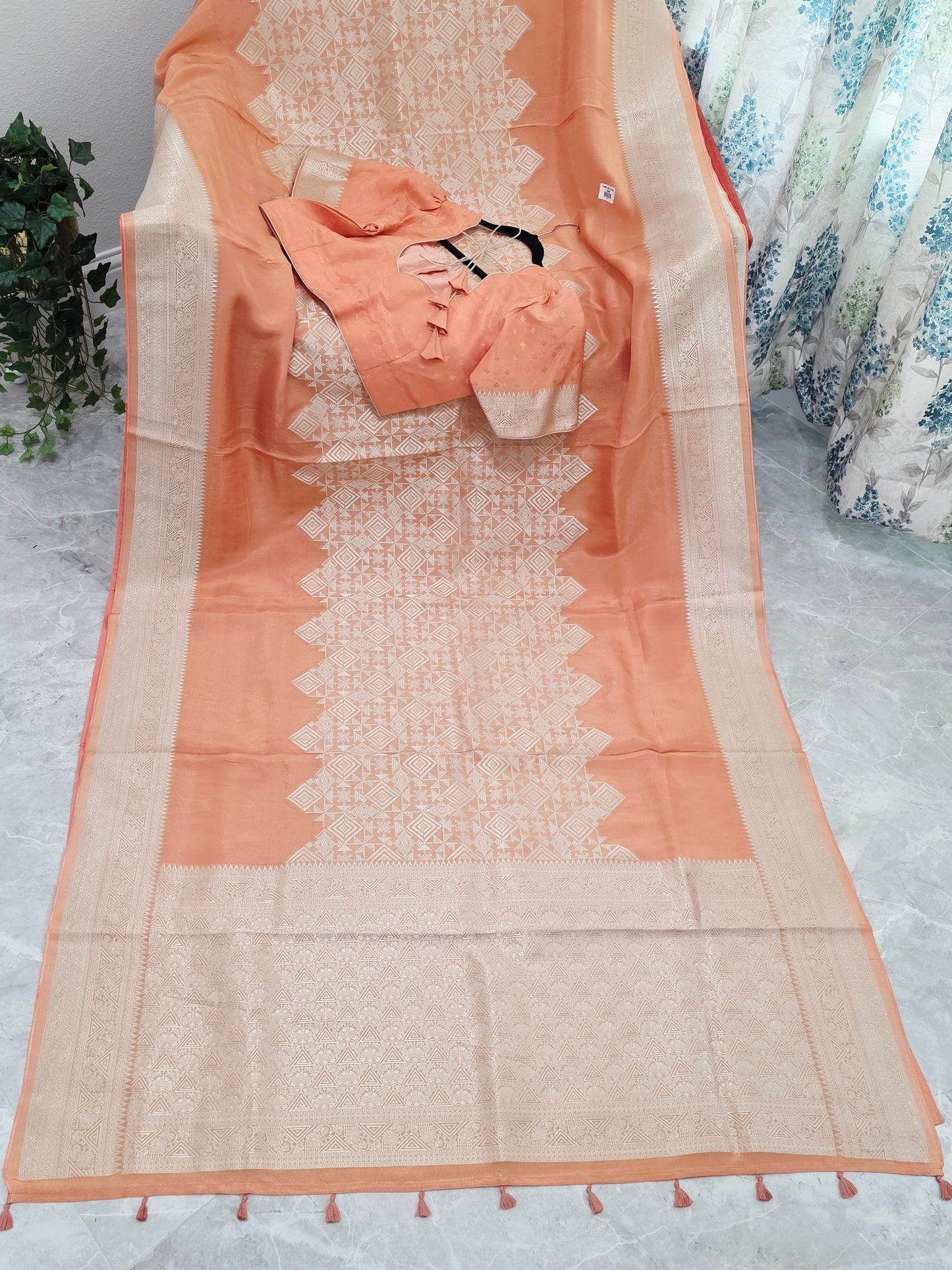 Royal Apricot Gold Geometric Tissue Silk Saree with Stitched Blouse