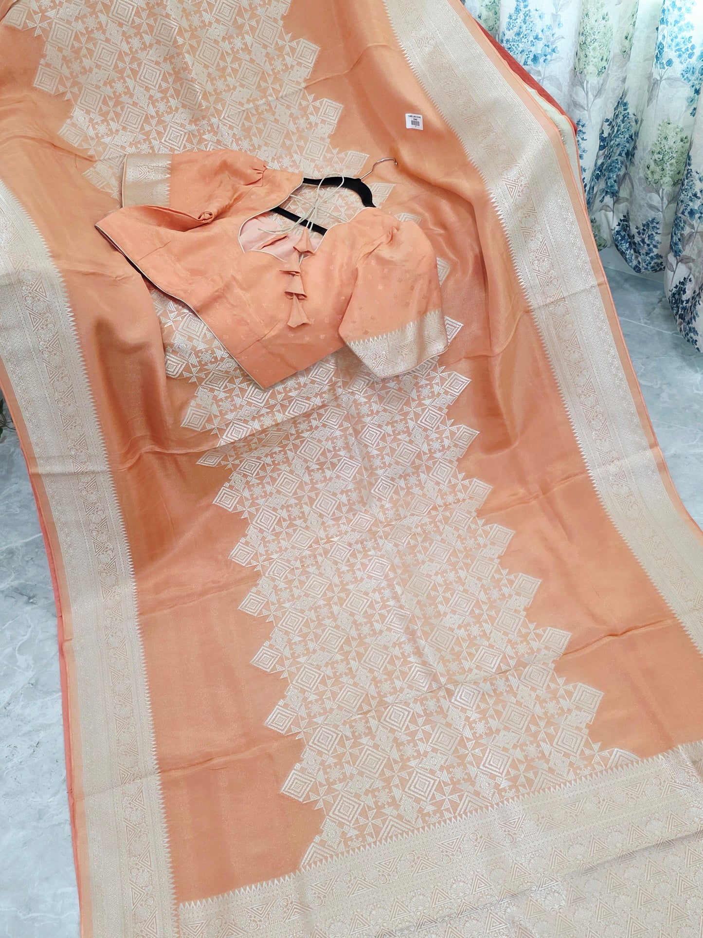 Royal Apricot Gold Geometric Tissue Silk Saree with Stitched Blouse