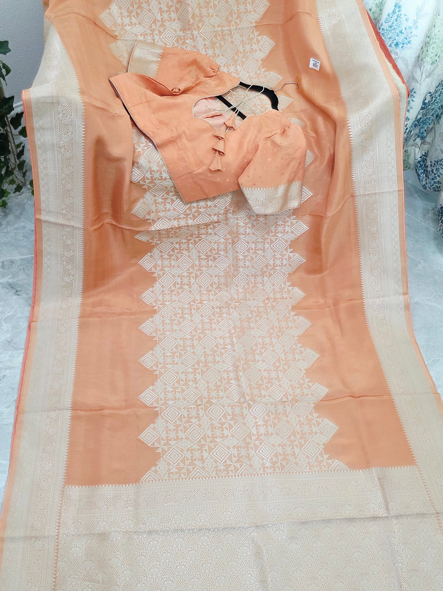 Royal Apricot Gold Geometric Tissue Silk Saree with Stitched Blouse