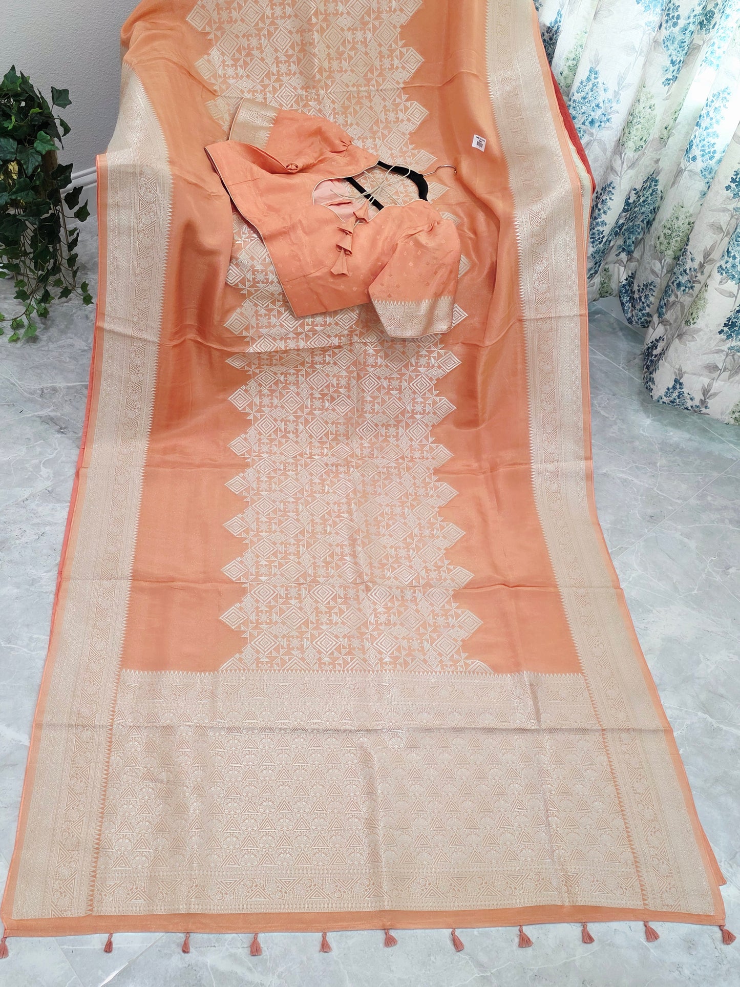 Royal Apricot Gold Geometric Tissue Silk Saree with Stitched Blouse