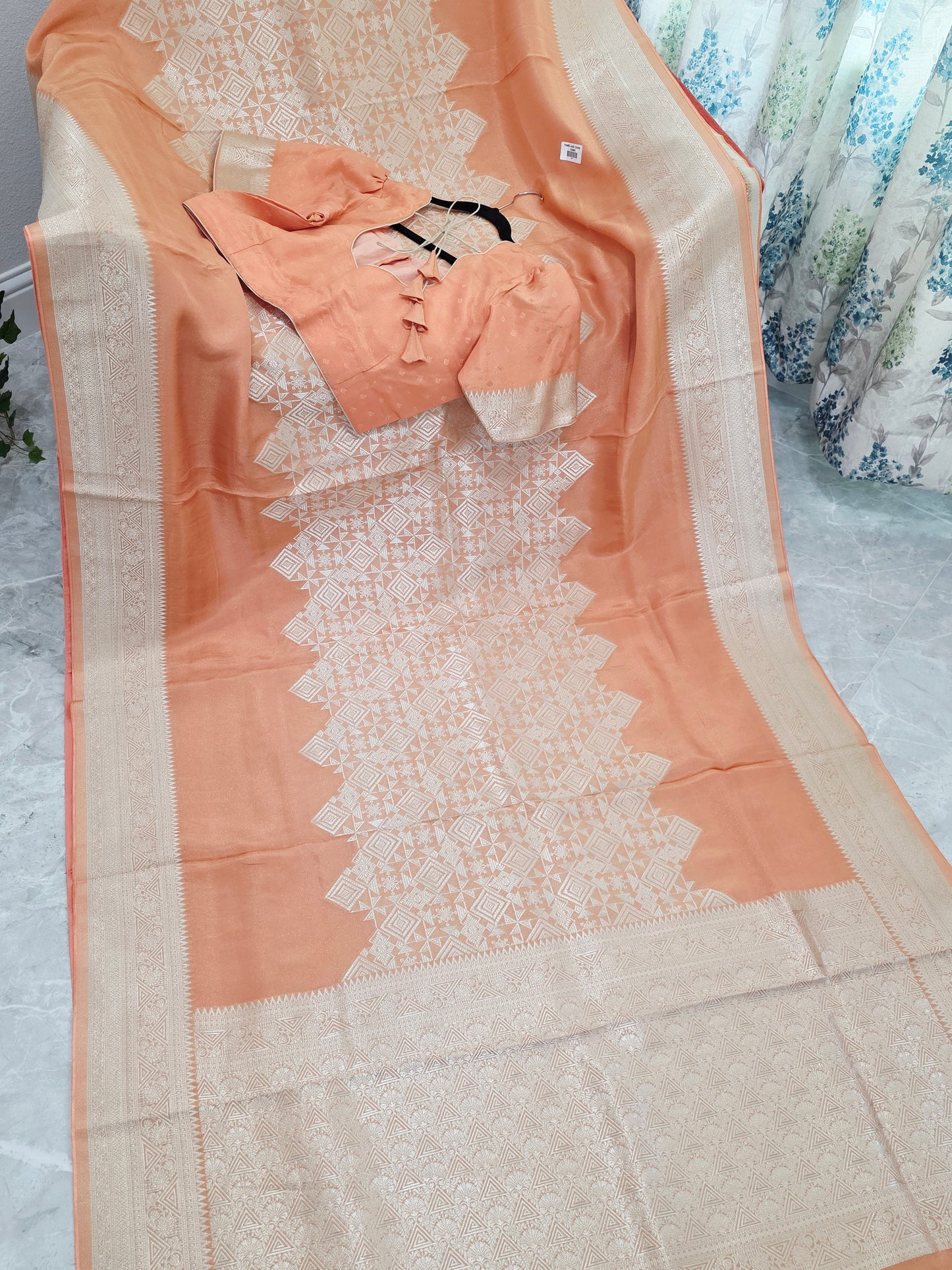 Royal Apricot Gold Geometric Tissue Silk Saree with Stitched Blouse