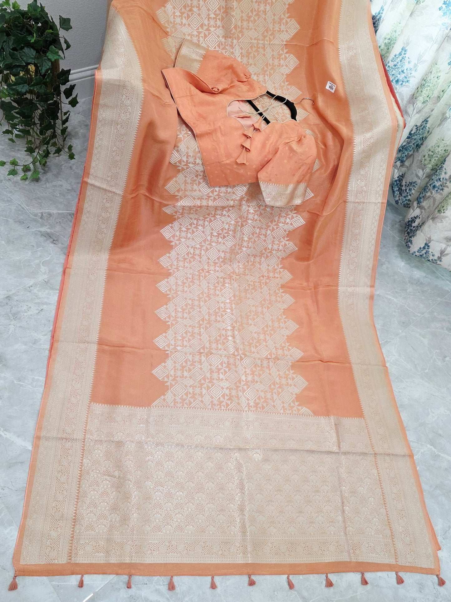 Royal Apricot Gold Geometric Tissue Silk Saree with Stitched Blouse