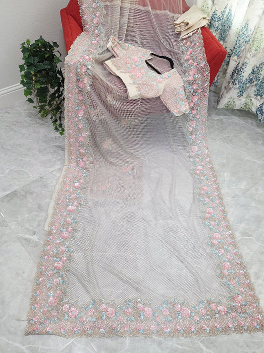 Champagne Pearl Bloom Net Designer Saree with Pastel Floral Sequins & Stitched Blouse