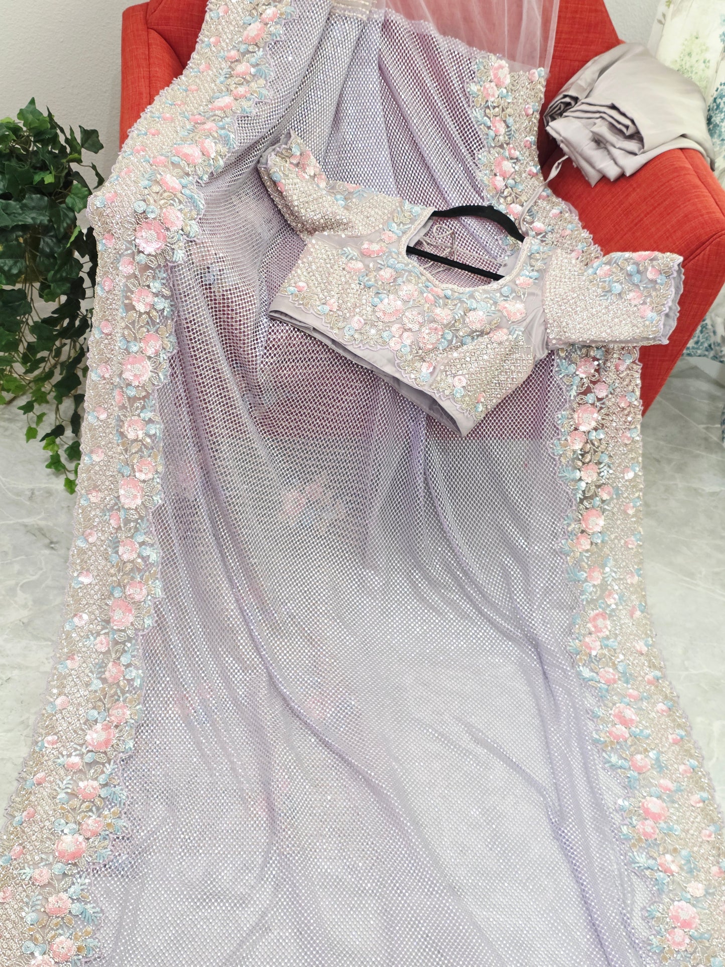 Lavender Mist Pearl Designer Saree with Stone & Sequins Embroidery Stitched Blouse