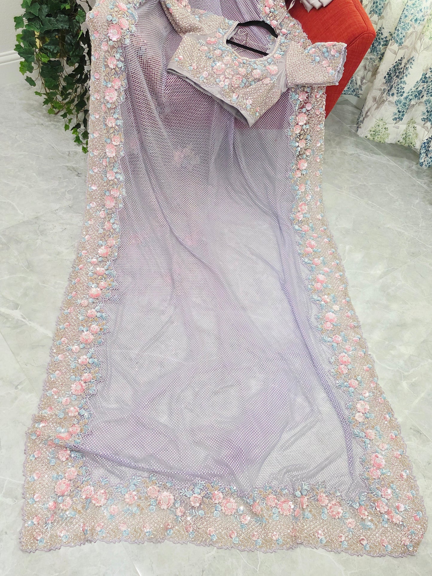 Lavender Mist Pearl Designer Saree with Stone & Sequins Embroidery Stitched Blouse