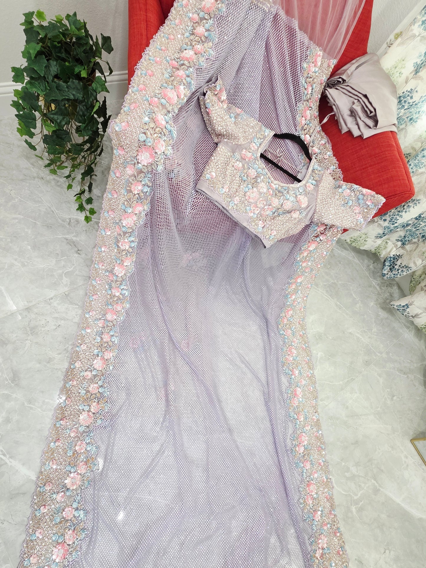 Lavender Mist Pearl Designer Saree with Stone & Sequins Embroidery Stitched Blouse