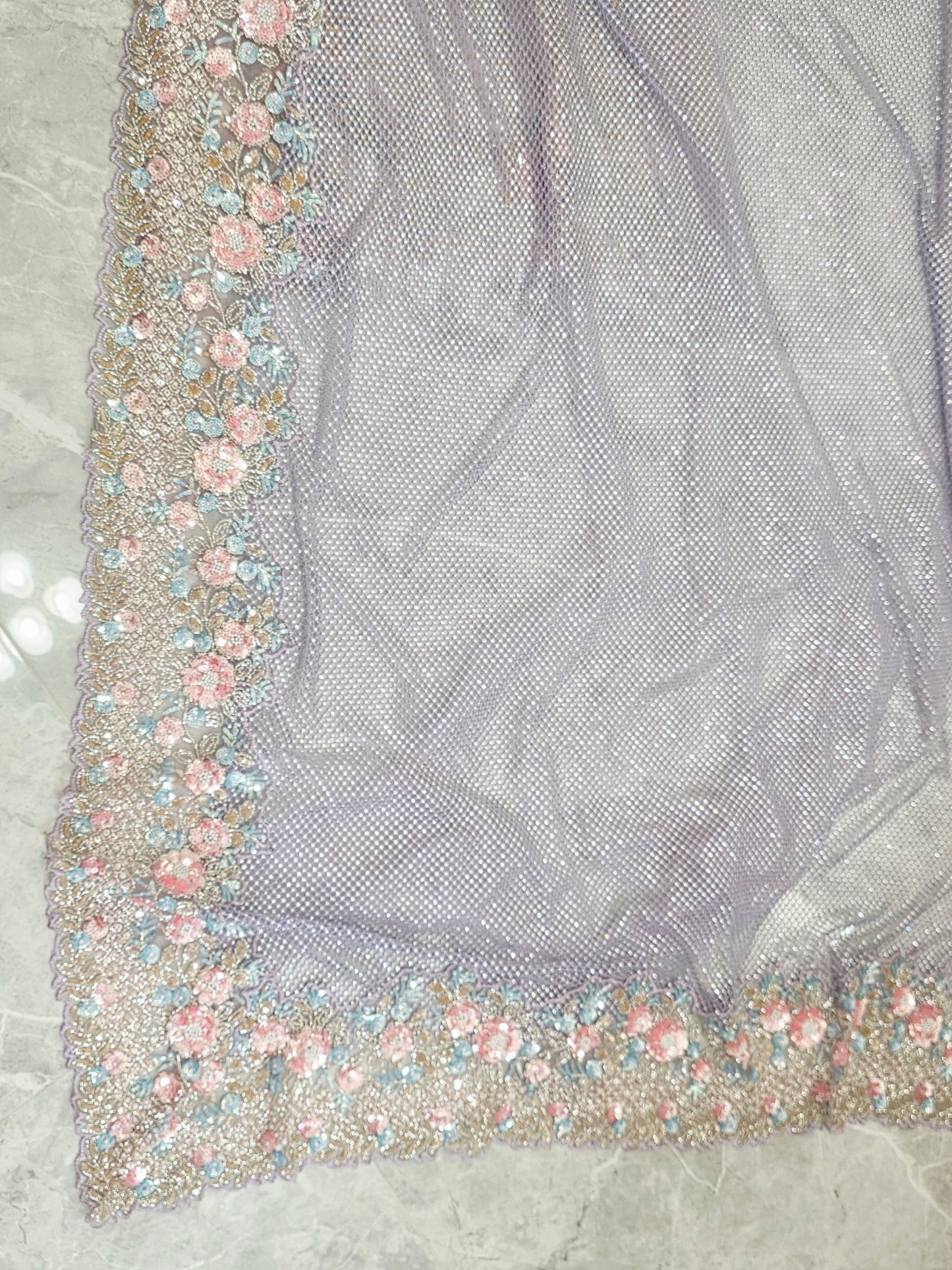Lavender Mist Pearl Designer Saree with Stone & Sequins Embroidery Stitched Blouse