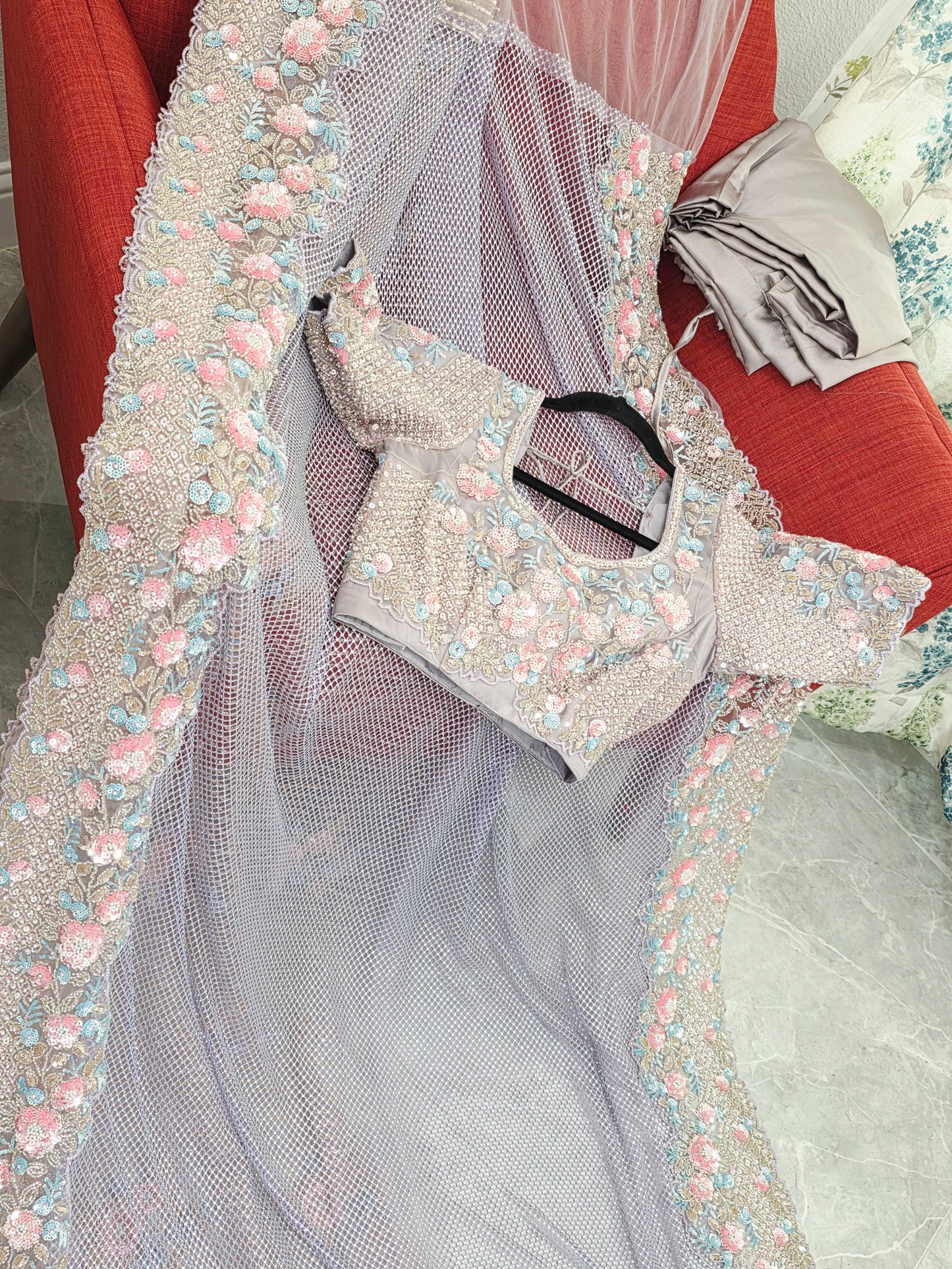 Lavender Mist Pearl Designer Saree with Stone & Sequins Embroidery Stitched Blouse